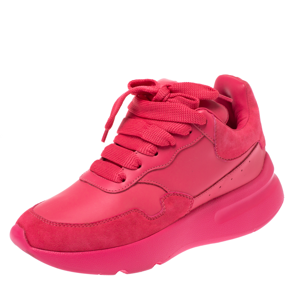 Image of Alexander McQueen Fuchsia Leather and Suede Larry Oversized Low Top Sneakers Size
