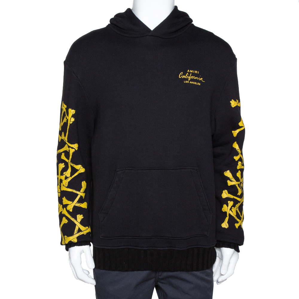 Image of Amiri Black & Yellow Bones Print Cotton Pullover Hoodie M