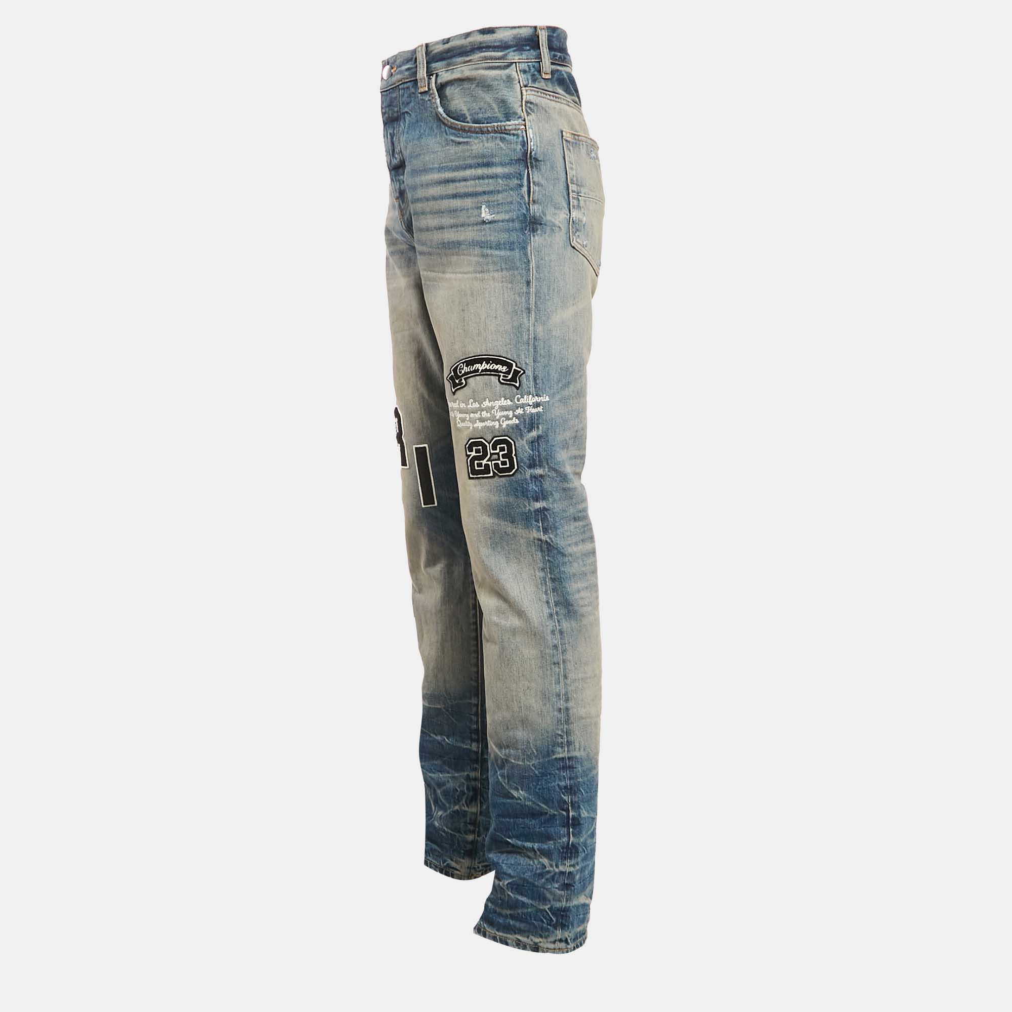 Amiri Blue Distressed Denim Applique Detail Jeans S Waist 30