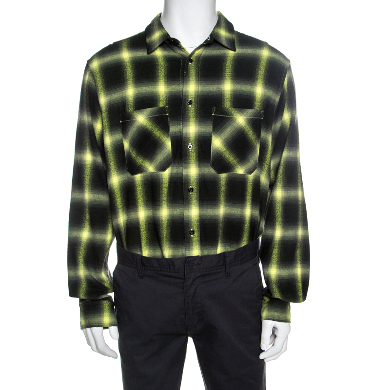 Image of Amiri Black And Neon Yellow Faded Plaid Cotton Shirt M