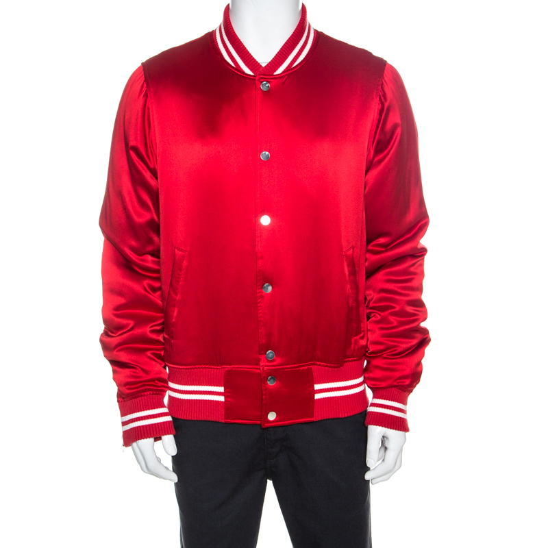 Image of Amiri Red Silk Rib Knit Trimmed Bomber Jacket XL