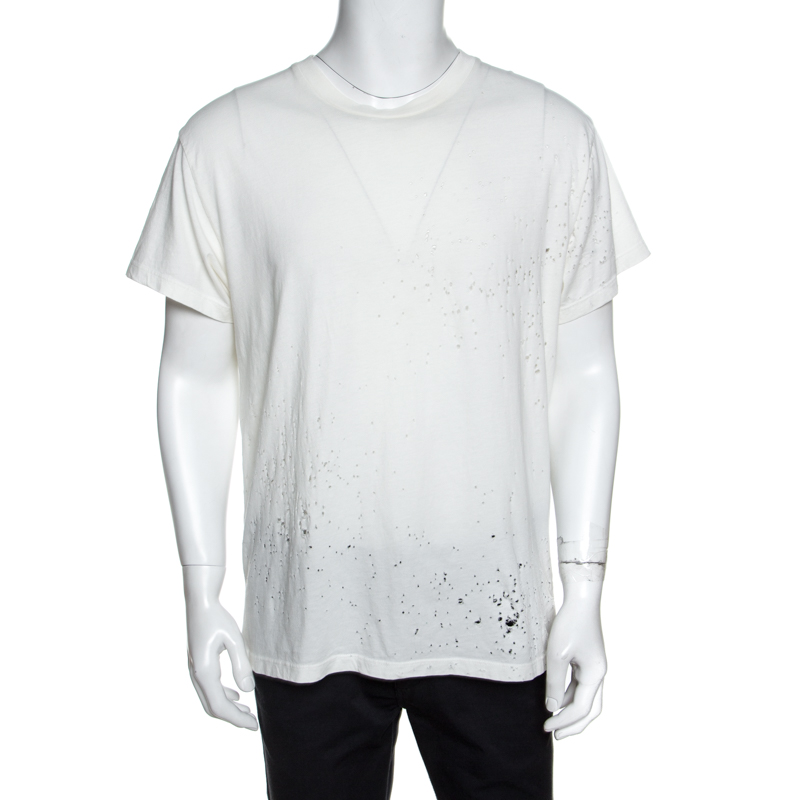 Image of Amiri Off White Distressed Cotton Shotgun T-Shirt M