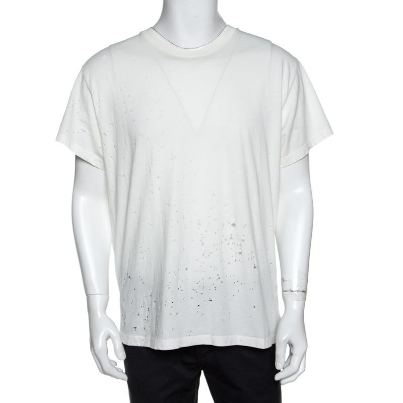 Image of Amiri Off White Cotton Distressed Shotgun Crew Neck T-Shirt M
