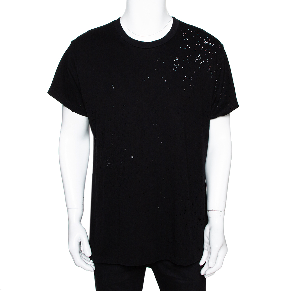 Image of Amiri Black Distressed Cotton Crew Neck T Shirt M