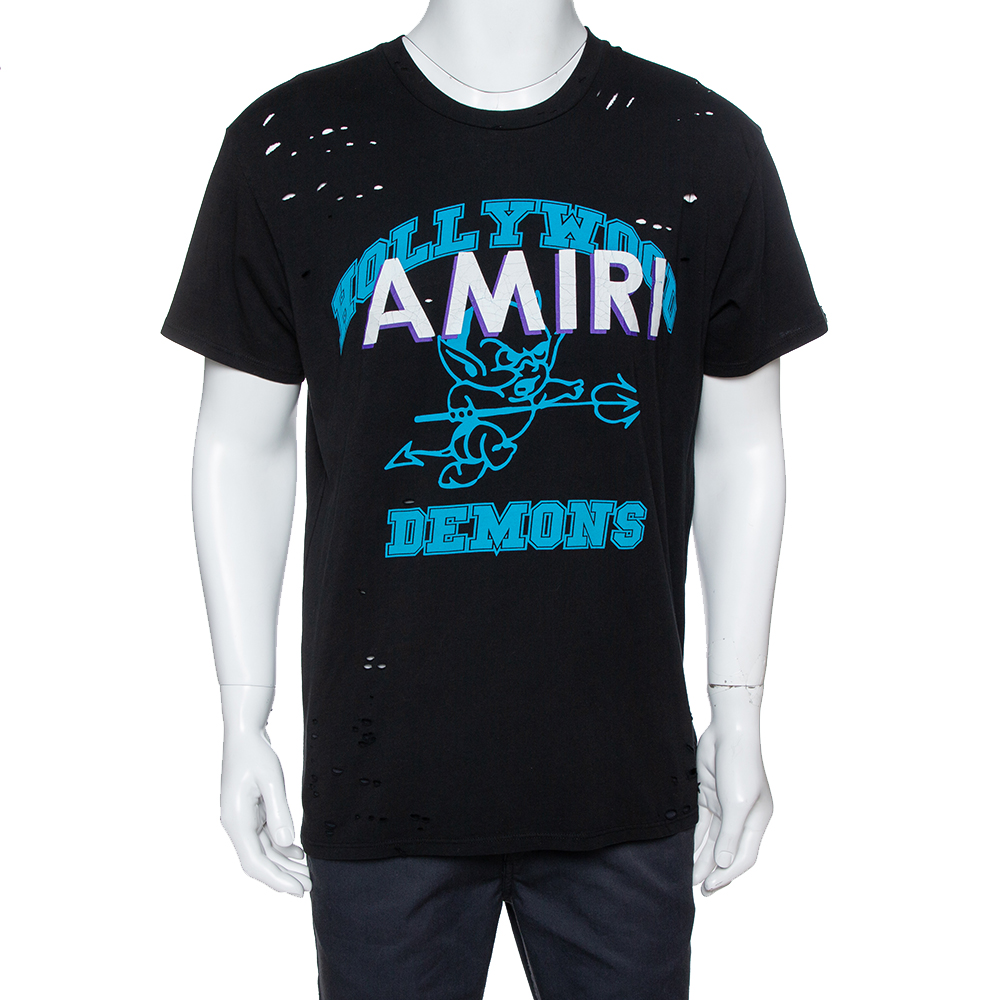 Image of Amiri Black Cotton Jersey Hollywood Demons Print Distressed T-Shirt S