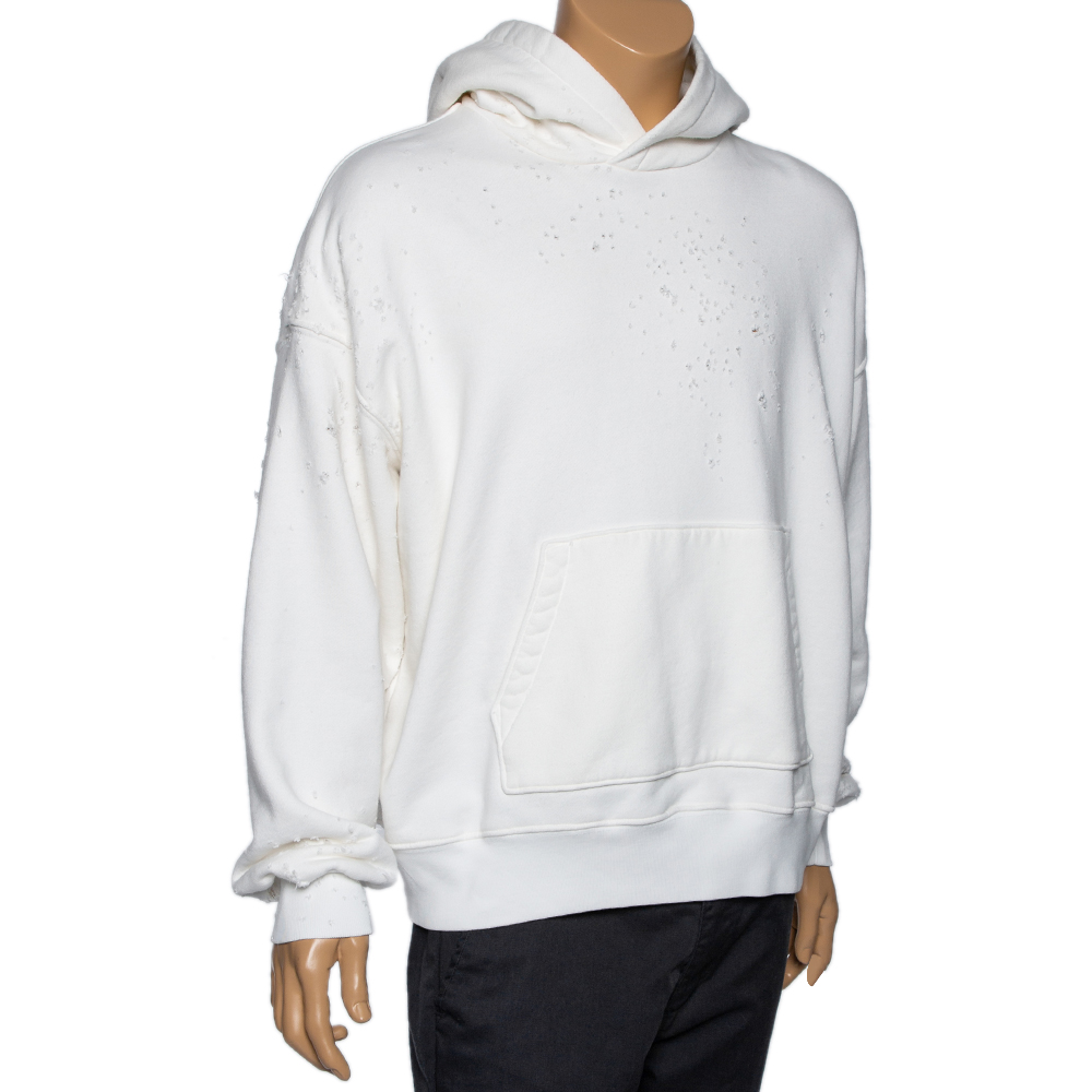 Amiri White Distressed Cotton Long Sleeve Oversized Hoodie S