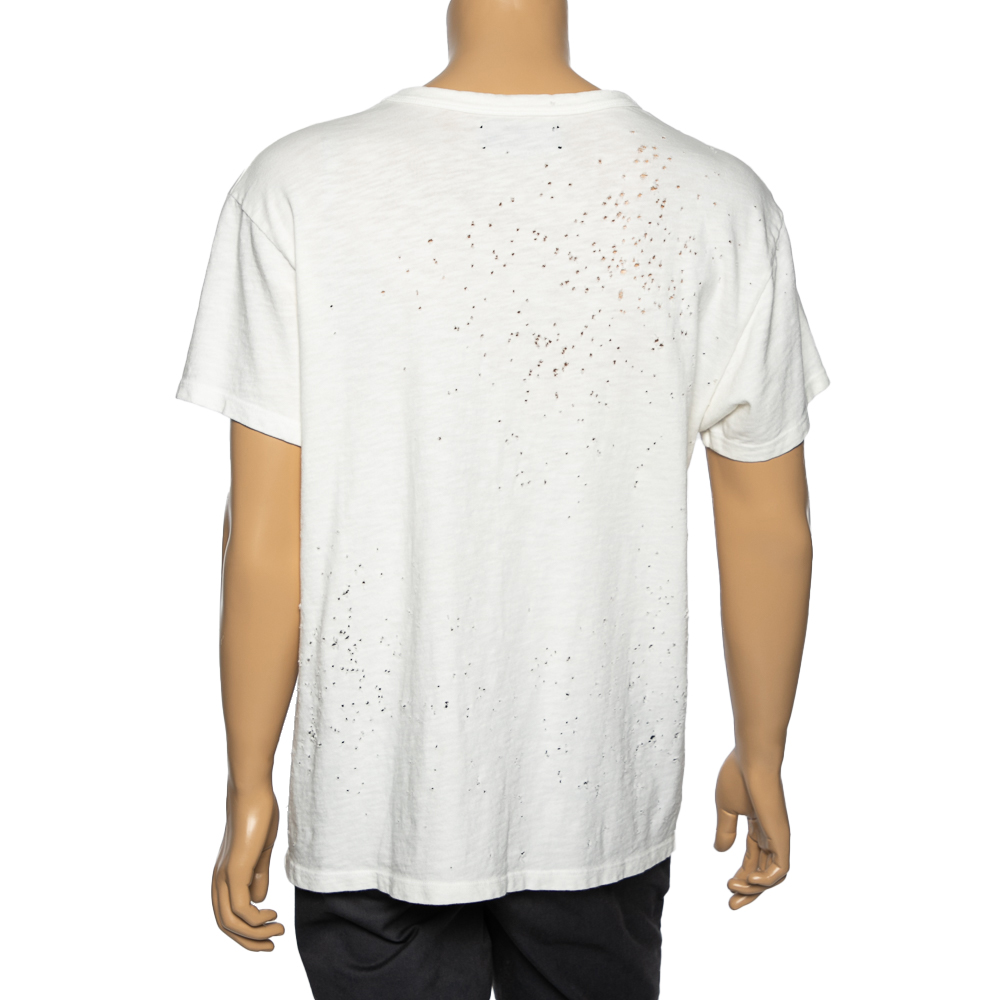 Amiri White Distressed Cotton Crew Neck T-Shirt M