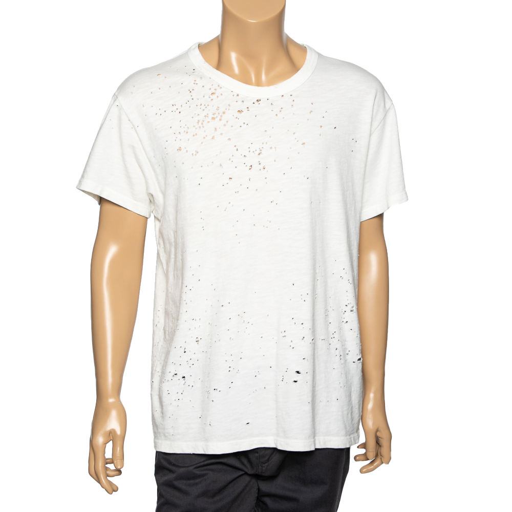 Amiri white distressed cotton crew neck t-shirt m