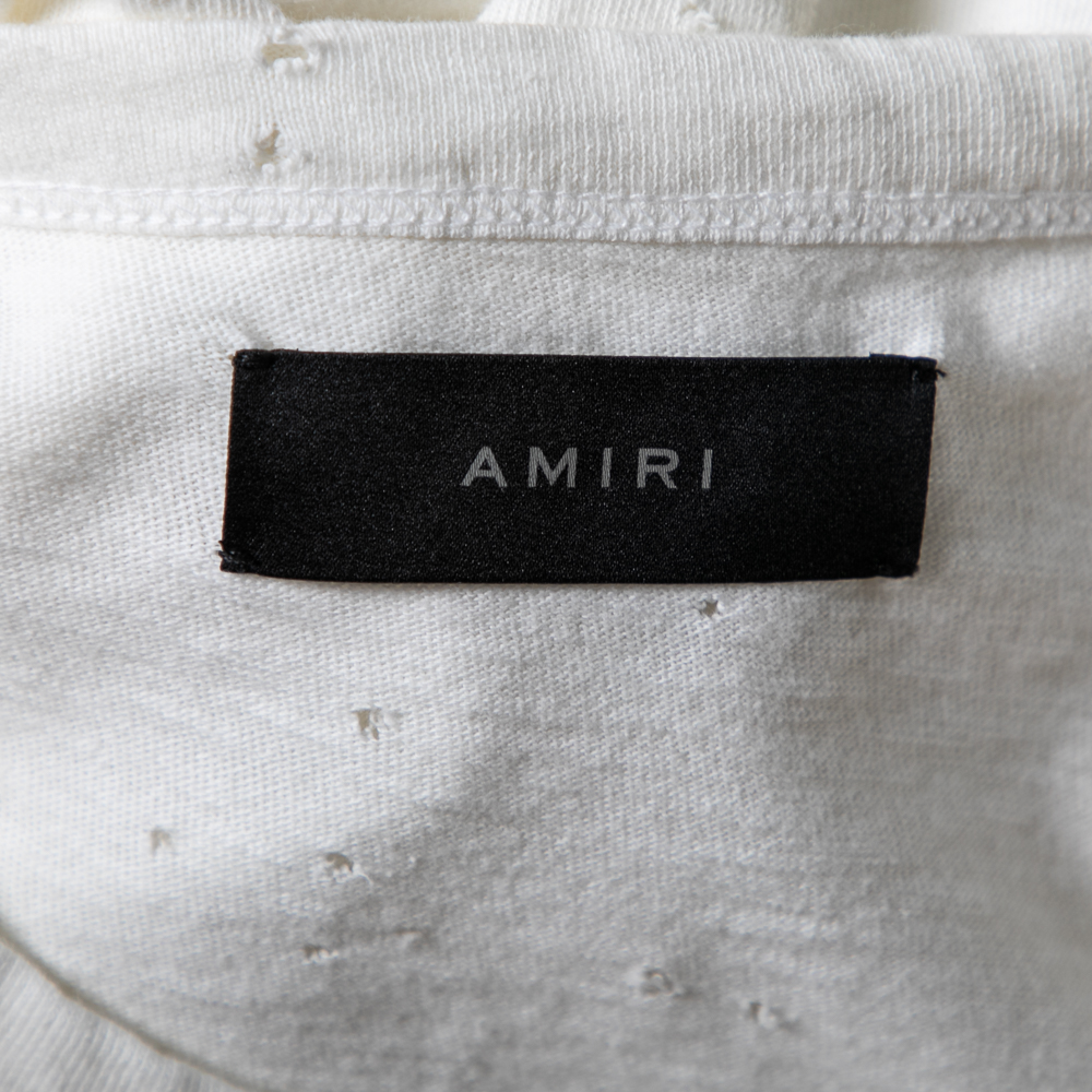 Amiri White Distressed Cotton Crew Neck T-Shirt M