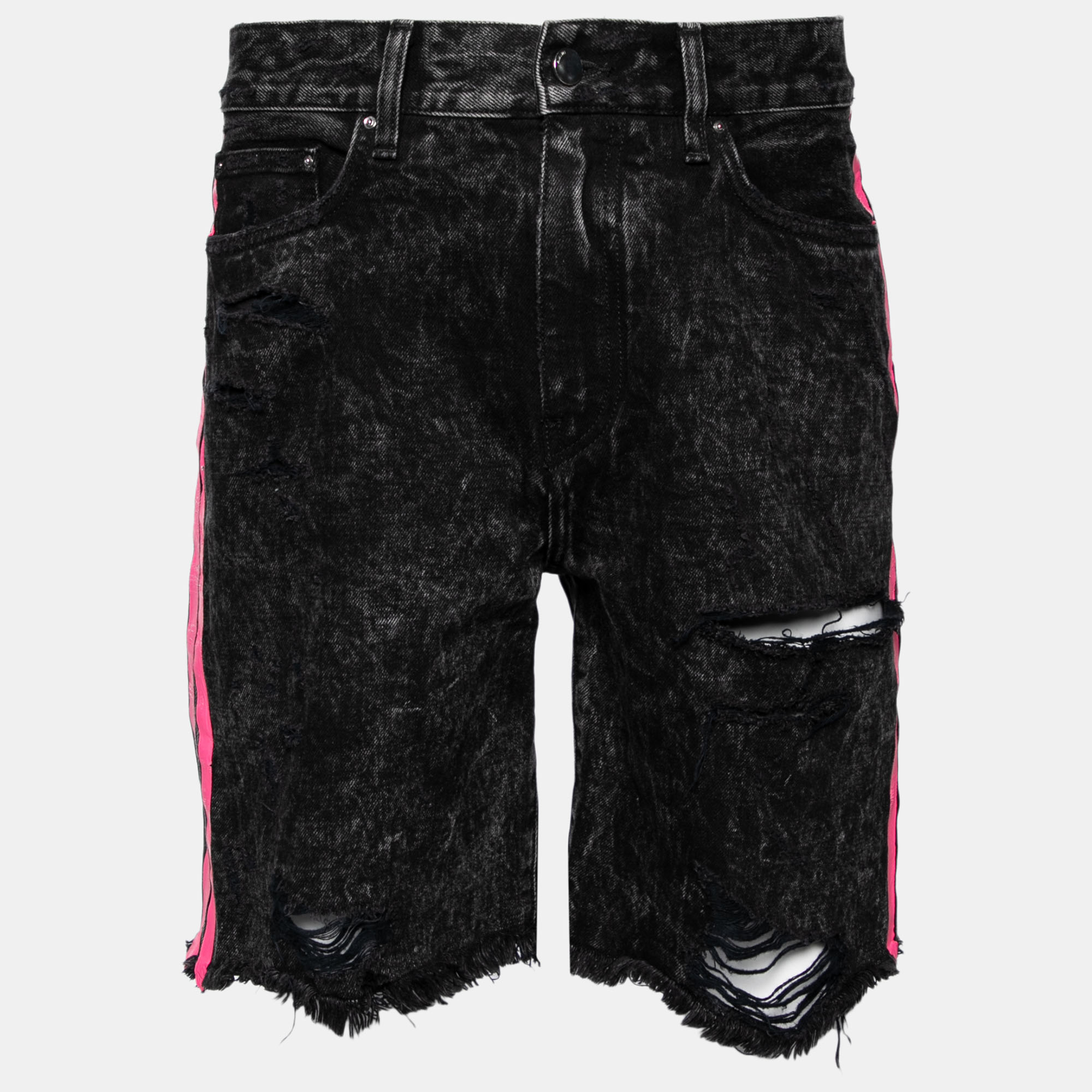 Amiri Black Distressed Contrast Stripe Printed Denim Shorts S