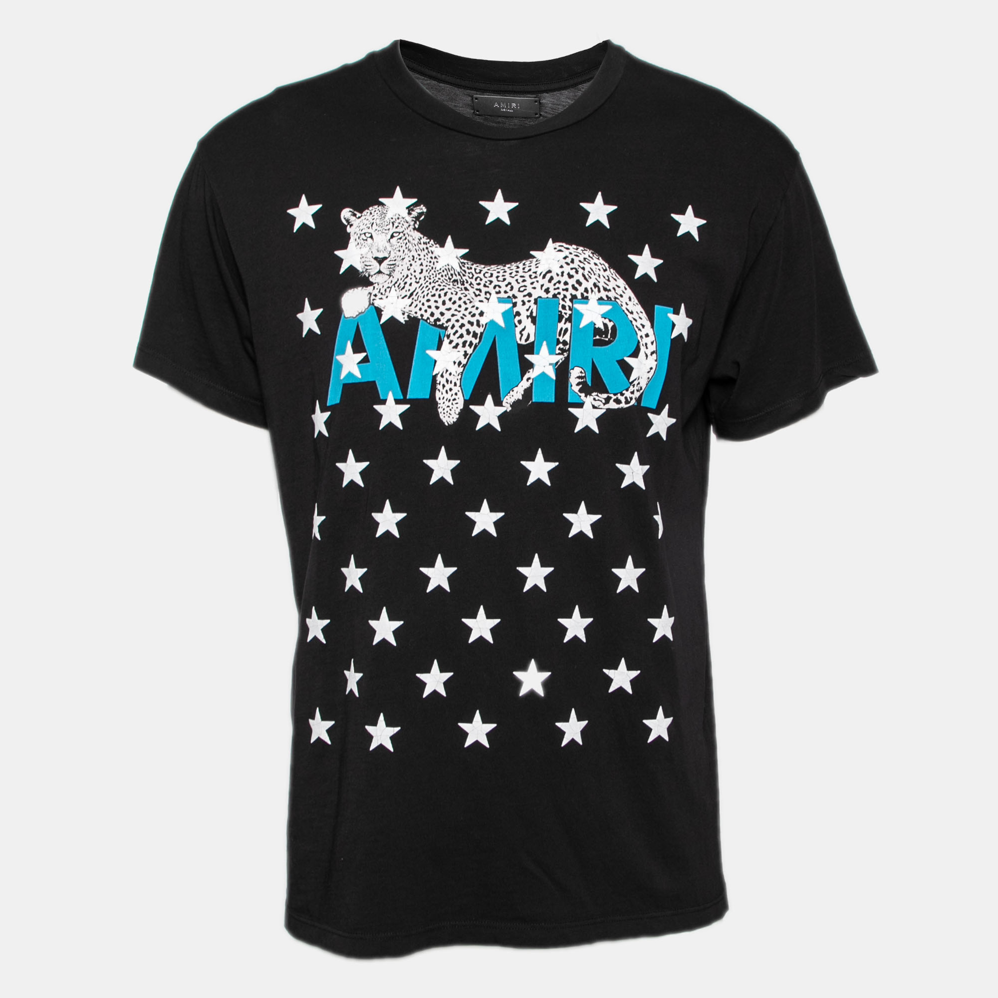 Amiri black cotton leopard star printed crew neck t-shirt xs