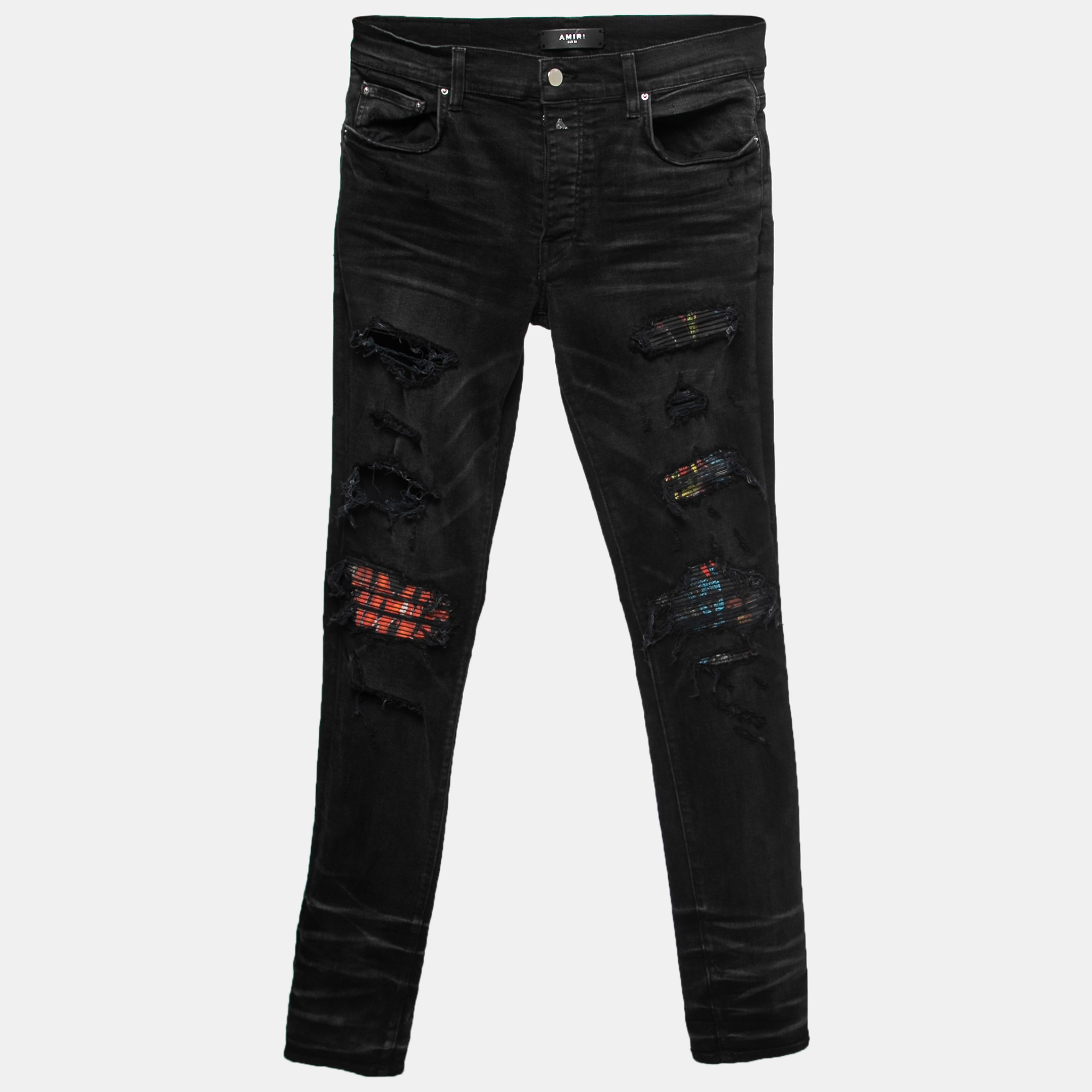 Amiri black distressed denim panelled skinny jeans m waist 32"