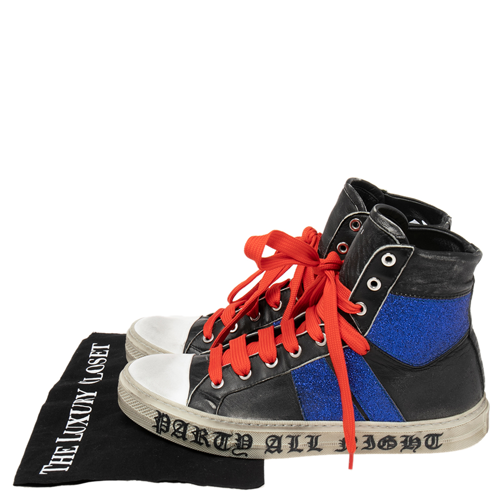 Amiri Black/Blue Leather And Glitter Sunset Lace High Top Sneakers Size 42