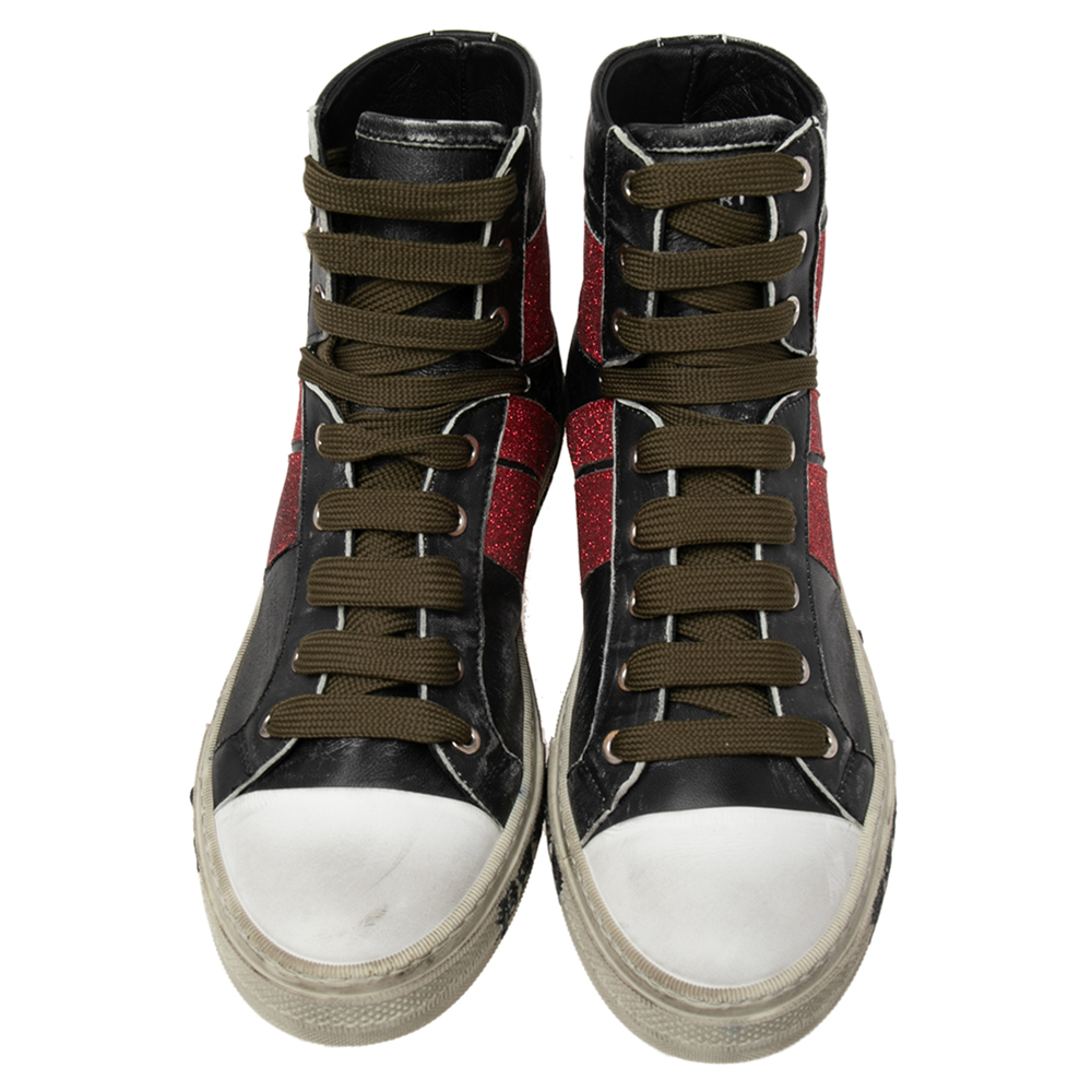 Amiri Black/Red Glitter And Leather Sunset Lace High Top Sneakers Size 42
