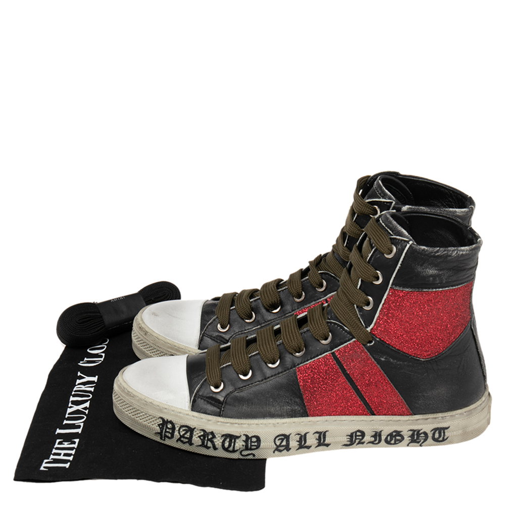 Amiri Black/Red Glitter And Leather Sunset Lace High Top Sneakers Size 42