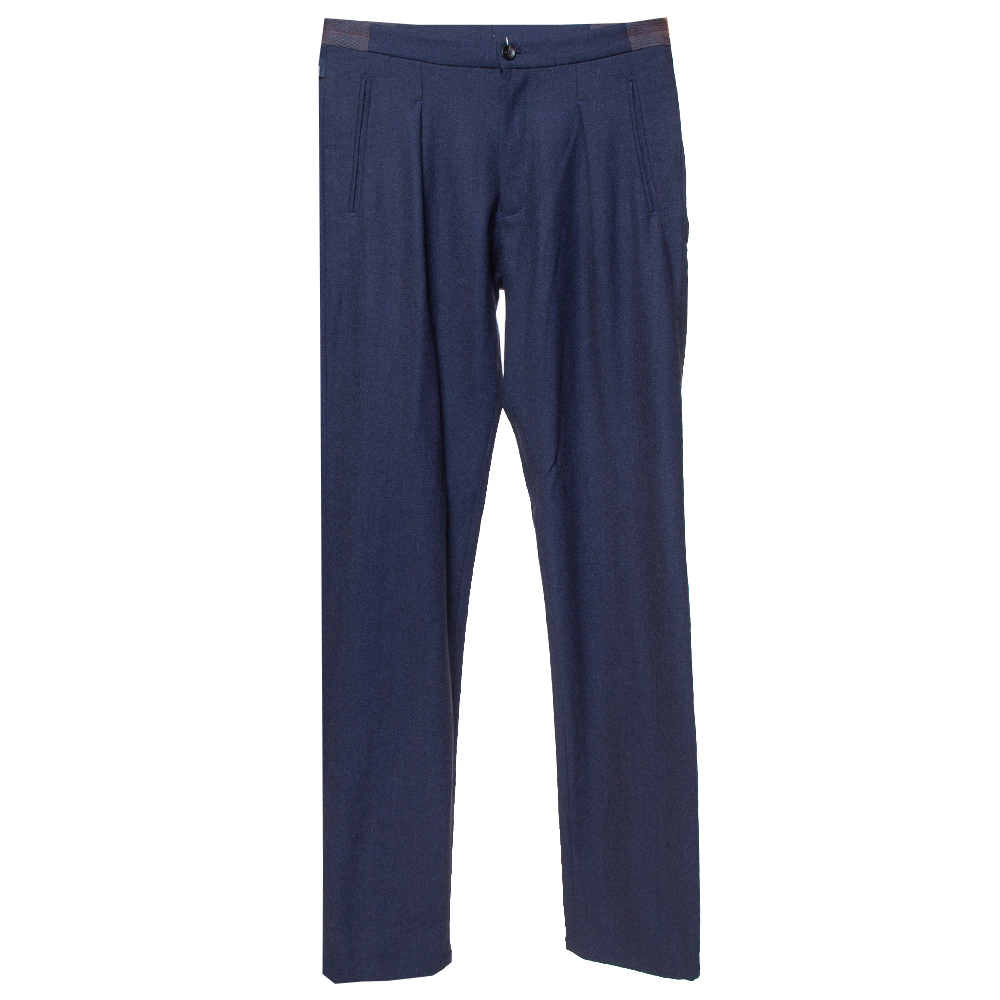Image of Armani Collezioni Navy Blue Wool Front Pleat Detail Tailored Trousers M