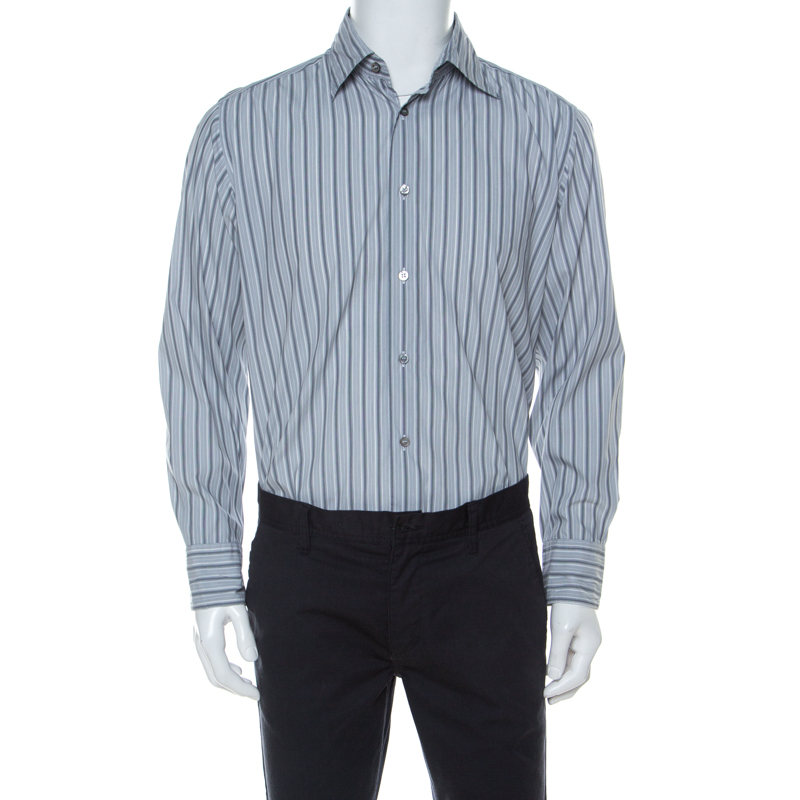 Image of Armani Collezioni Grey Striped Cotton Blend Shirt M