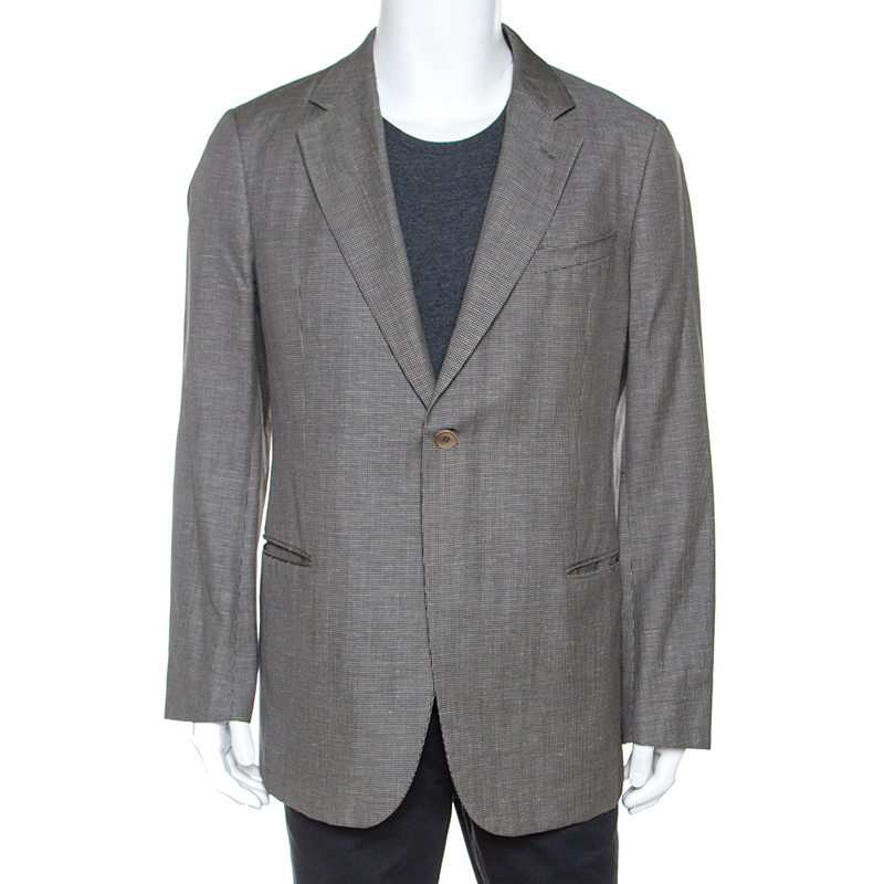 Image of Armani Collezioni Grey Houndstooth Wool and Linen Blend Blazer XXL