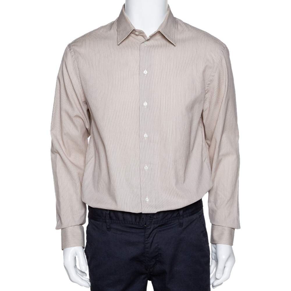 Image of Armani Collezioni Beige Striped Cotton Blend Button Front Shirt L