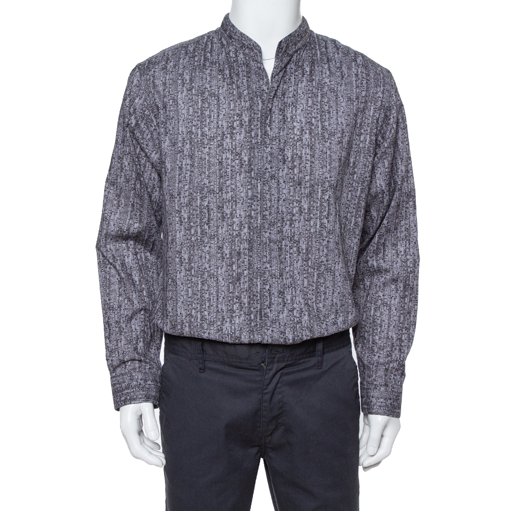 Image of Armani Collezioni Grey Texture Print Cotton Button Front Shirt XL