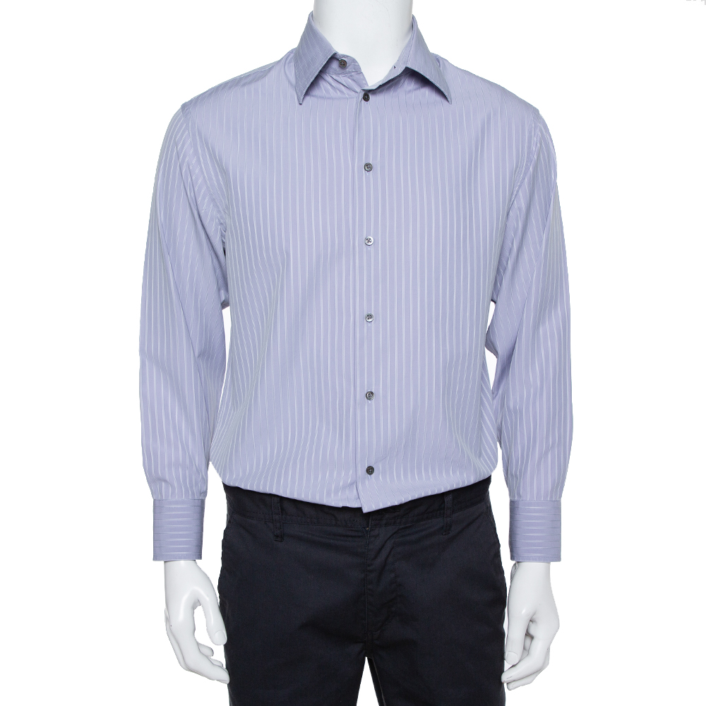 Armani Collezioni Lilac Striped Cotton Button Front Shirt L