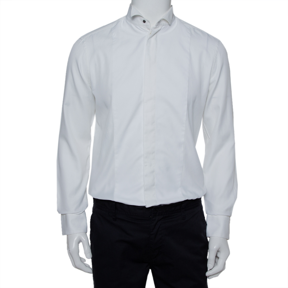 Armani collezioni white cotton & silk stand collar tuxedo shirt l