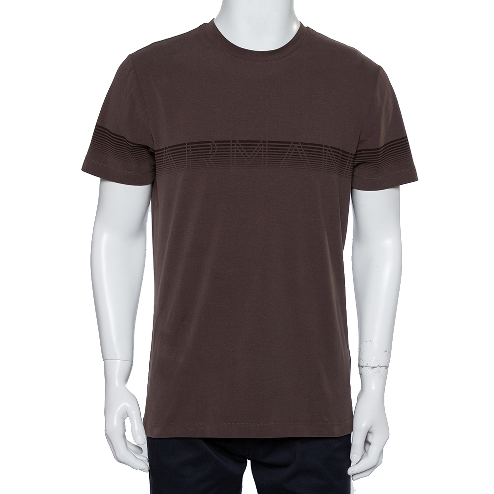 Armani Collezioni Brown Textured Soft Cotton Logo Stripe Printed Crewneck T-Shirt XXL