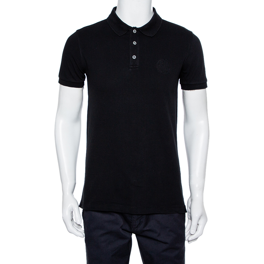 Armani Collezioni Black Cotton Pique Logo Embroidered Polo T-Shirt L