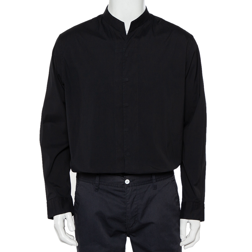 Armani Collezioni Black Cotton Stand Collar Shirt XL