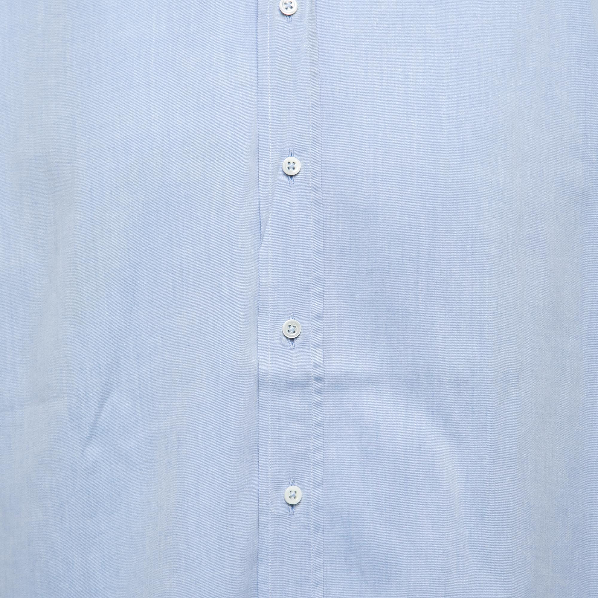 Armani Collezioni Blue Cotton Full Sleeve Shirt M