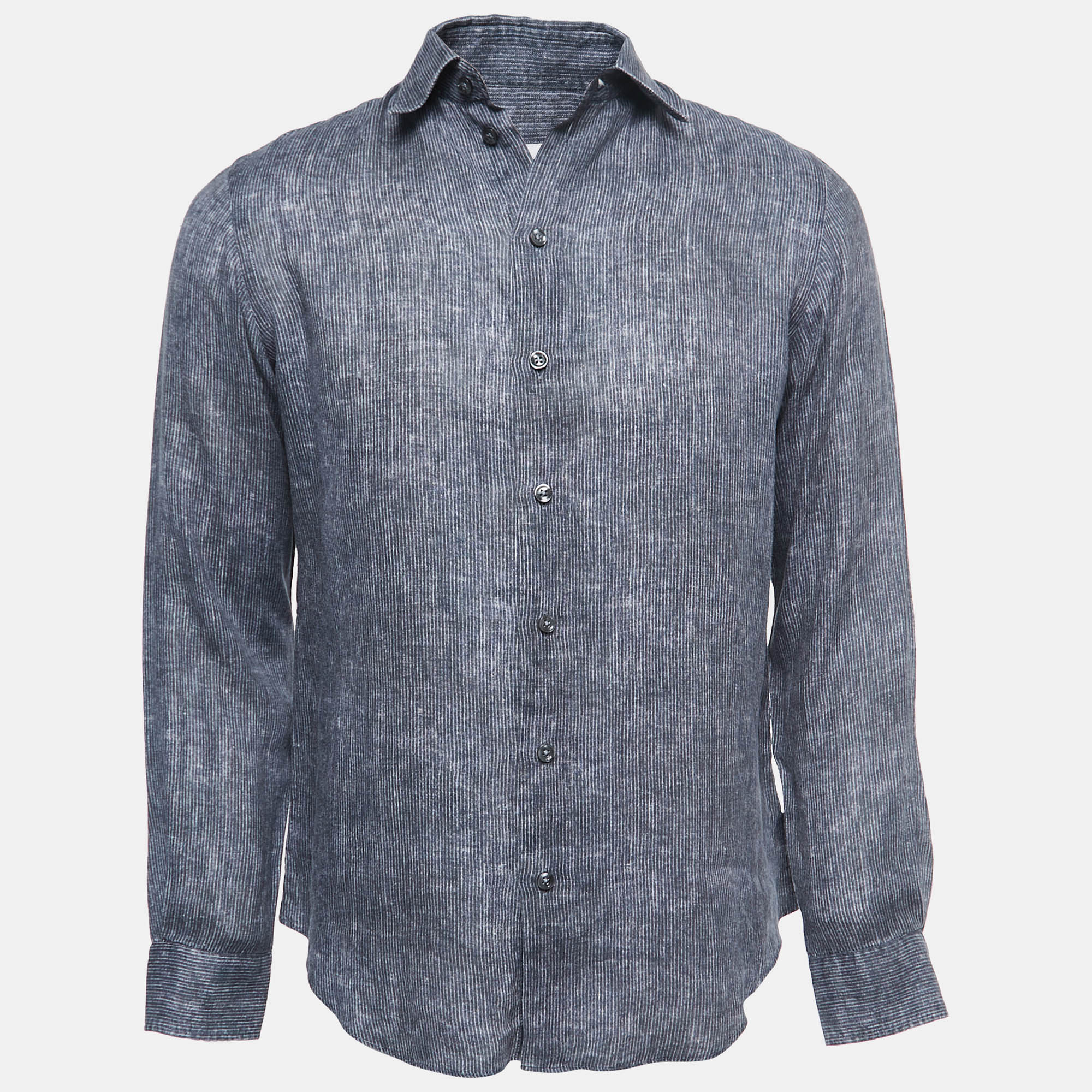 Armani Collezioni Grey Striped Cotton Button Front Full Sleeve Shirt S