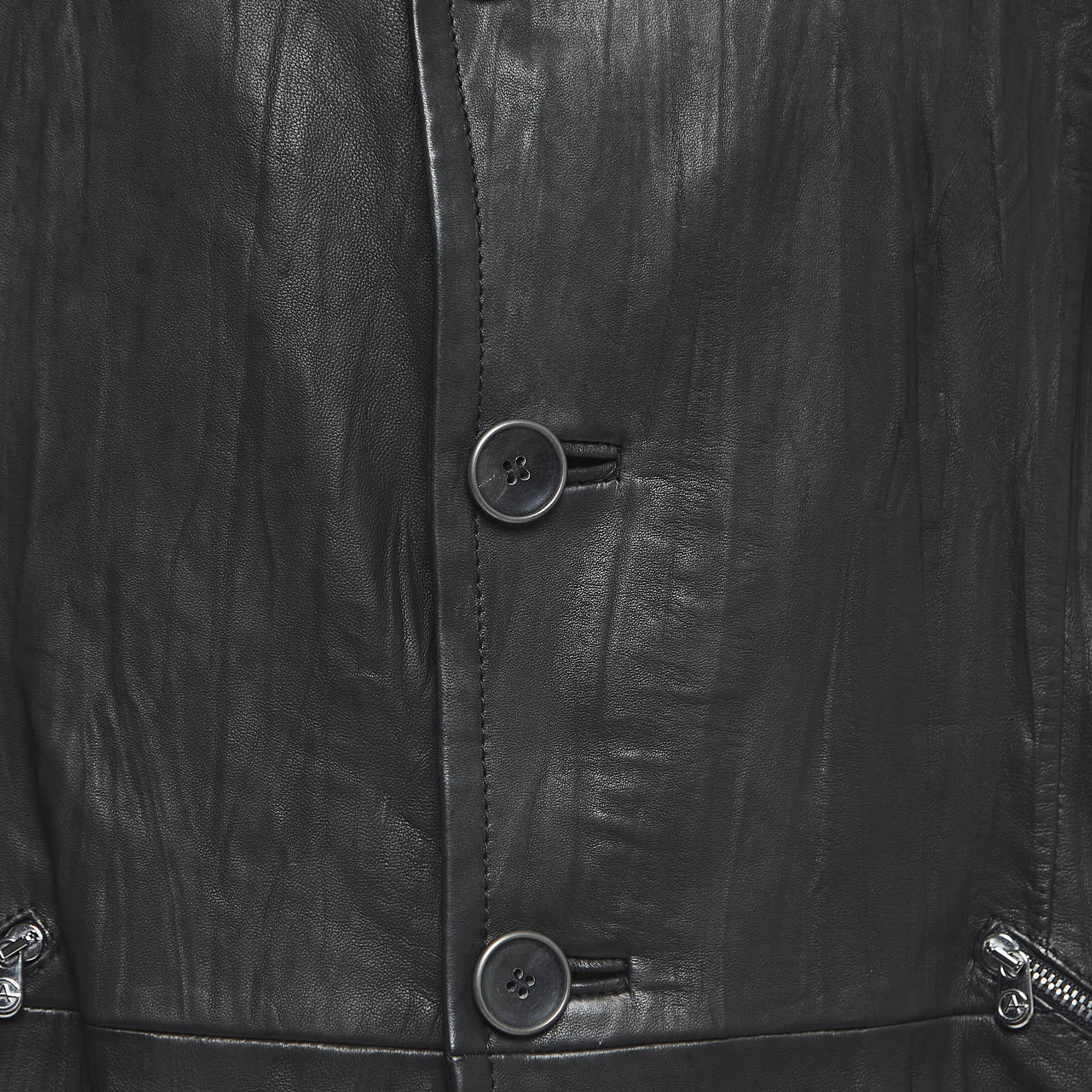 Armani Collezioni Black Crinkled Leather Buttoned Jacket XXL
