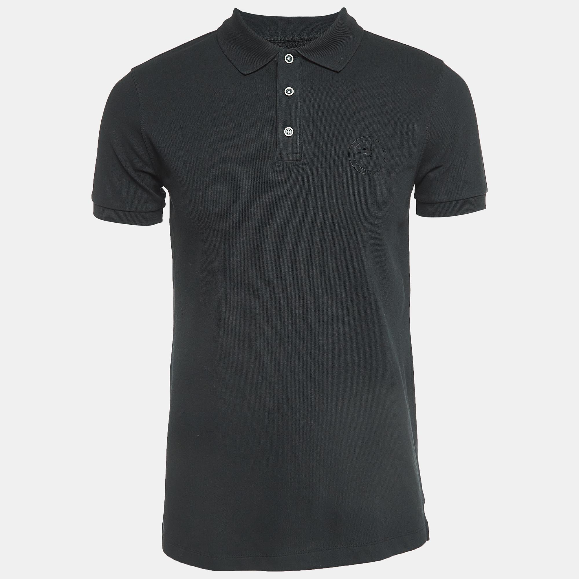 Armani Collezioni Black Logo Embroidery Jersey Short Sleeve Polo T-Shirt L