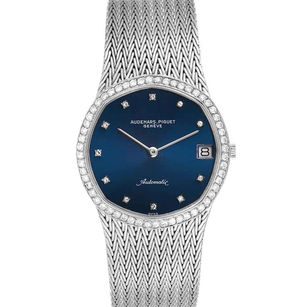 Audemars Piguet Blue Diamonds 18K White Gold Vintage Men's Wristwatch 32 MM