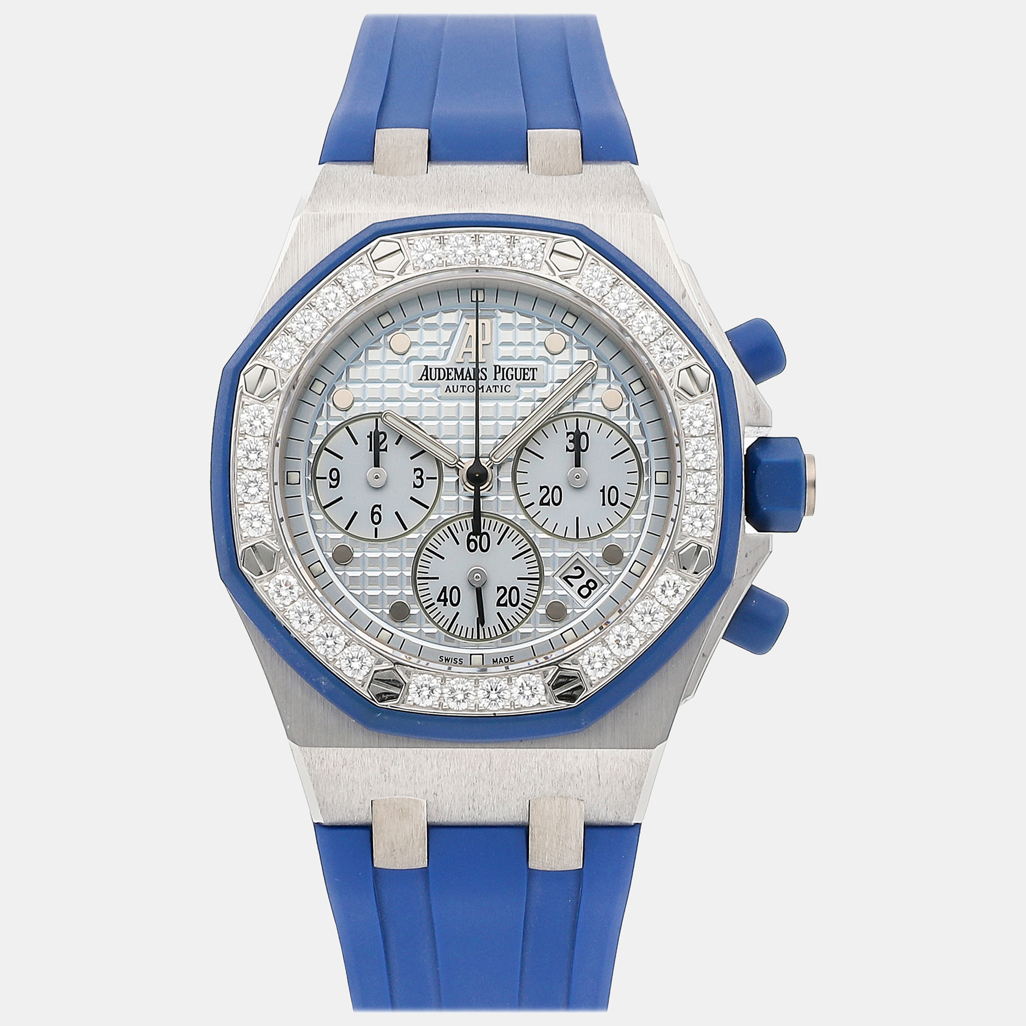 Audemars piguet blue 18k white gold royal oak offshore 25986ck.zz.d020ca.02 automatic men's wristwatch 37 mm