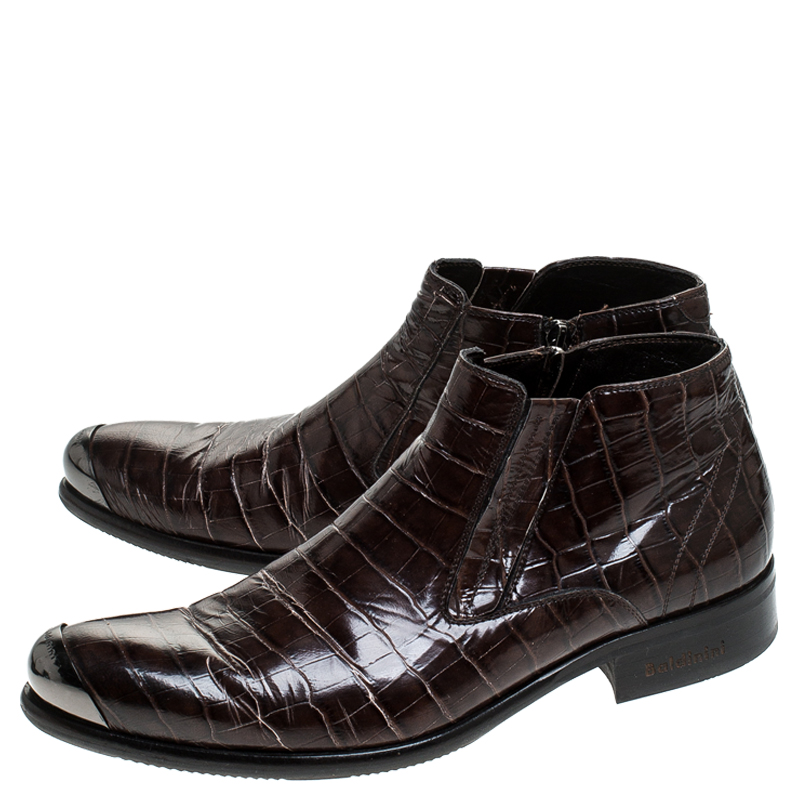 Baldinini Brown Crocodile Embossed Leather Ankle Boots Size 39