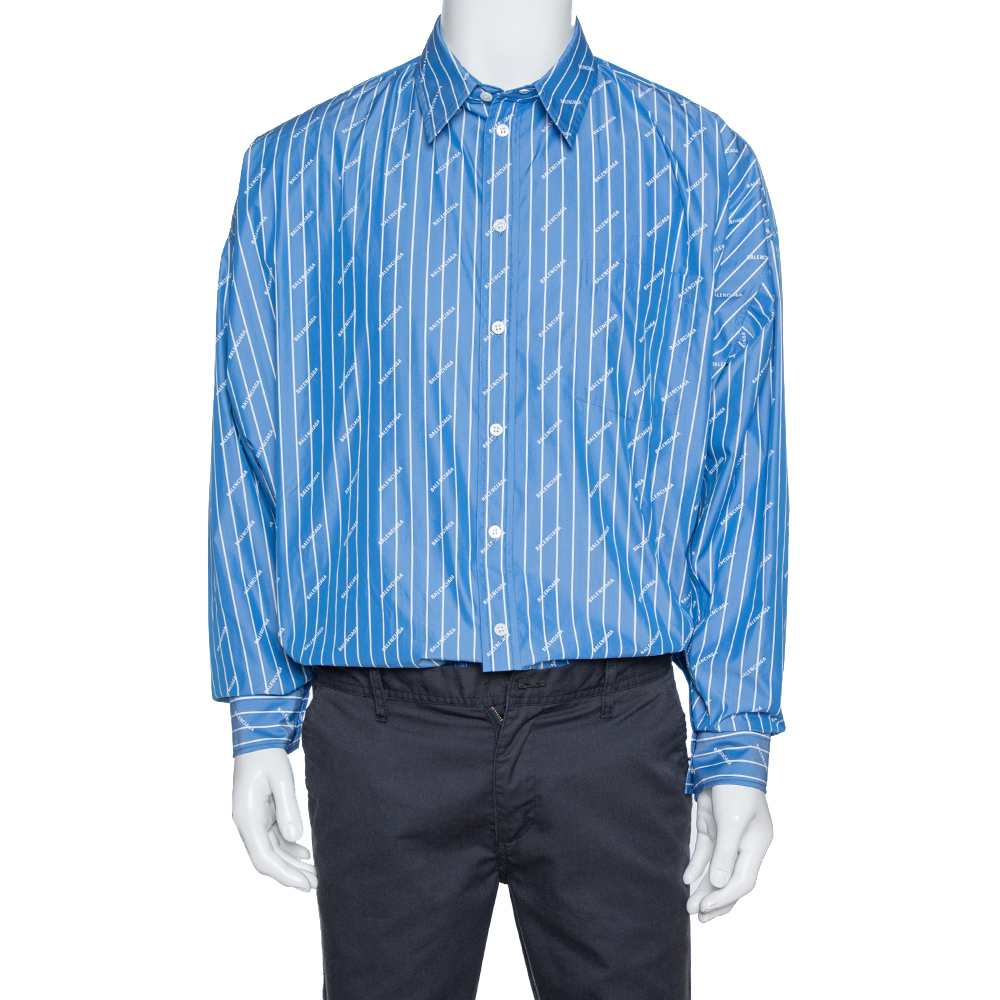 Image of Balenciaga Blue Cotton Logo Print Oversized Cocoon Shirt S