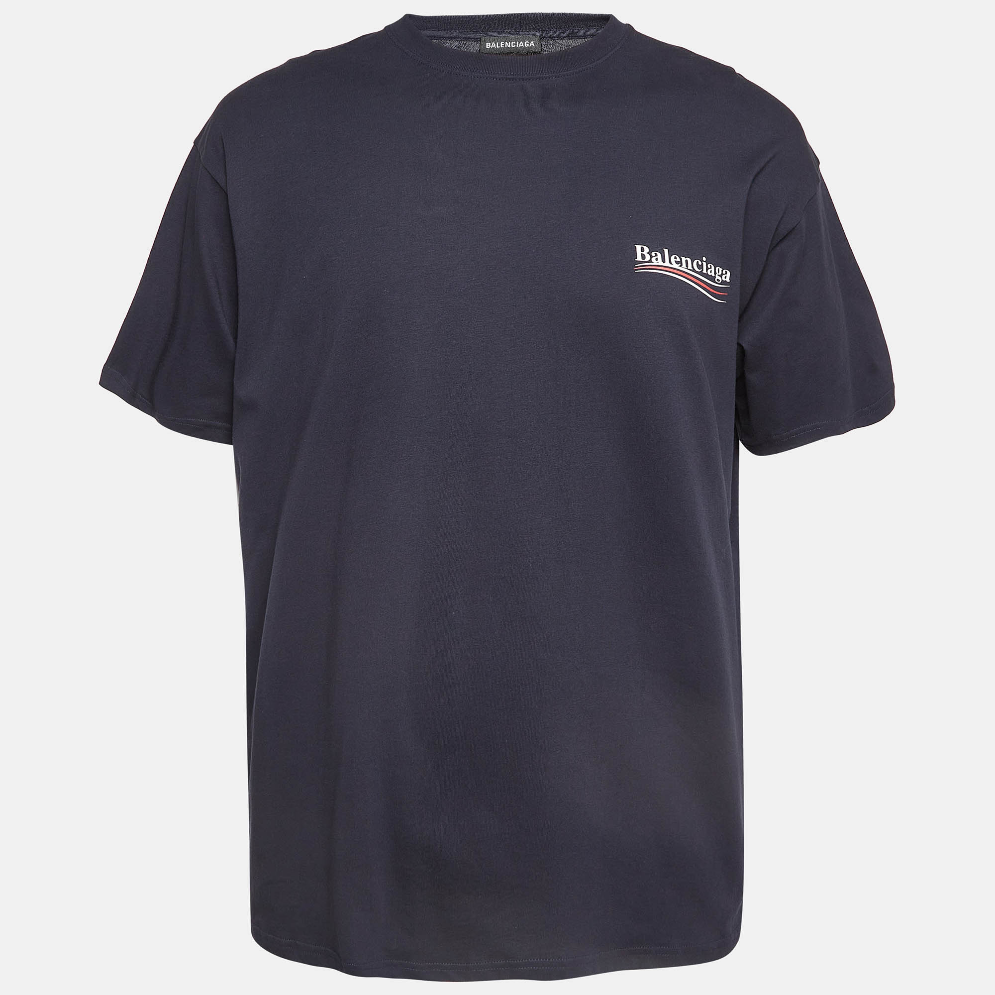 

Balenciaga Navy Cotton Knit Logo Printed Crew Neck T-Shirt, Navy blue