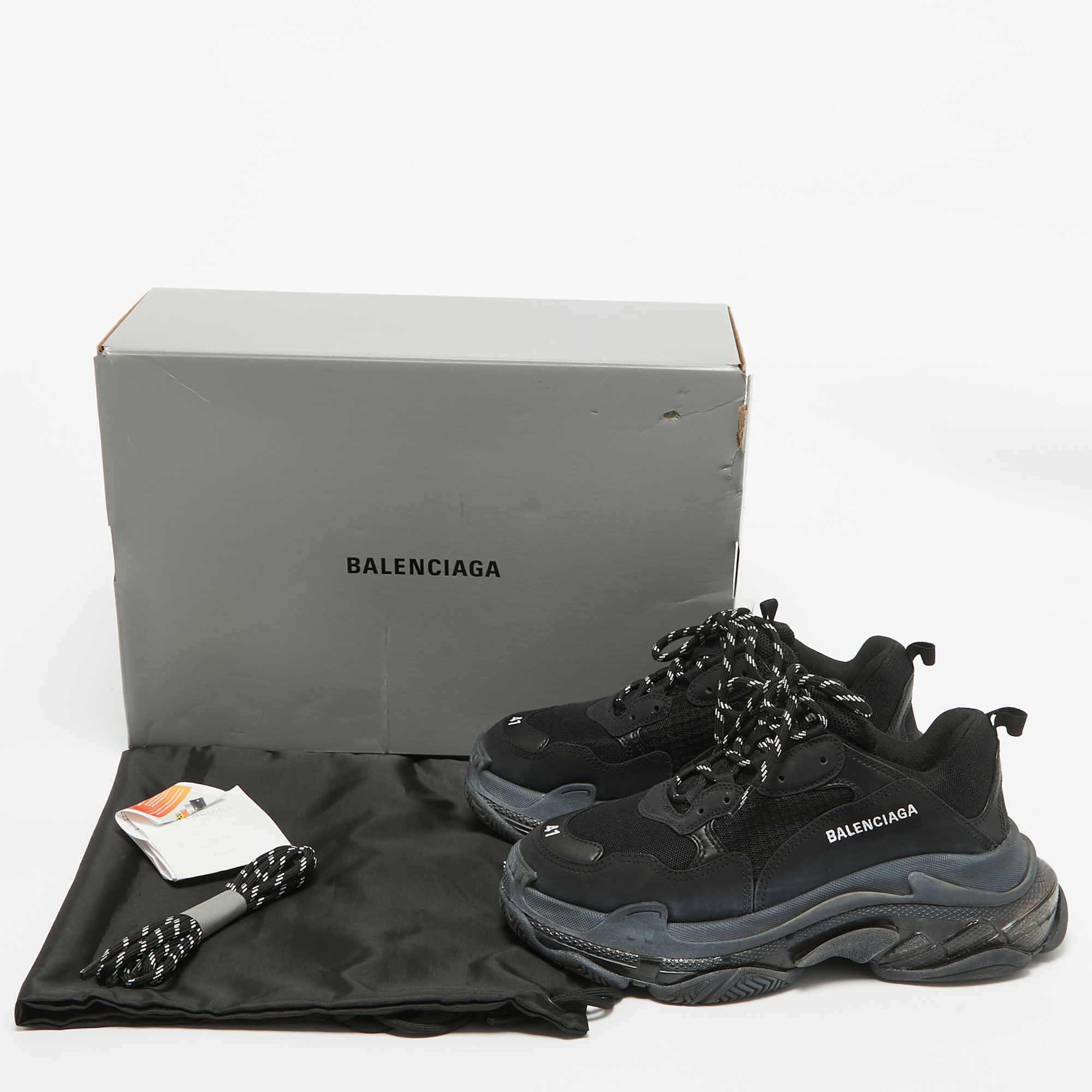 Balenciaga Black Faux Leather And Mesh Triple S Clear Sole Sneakers Size 41