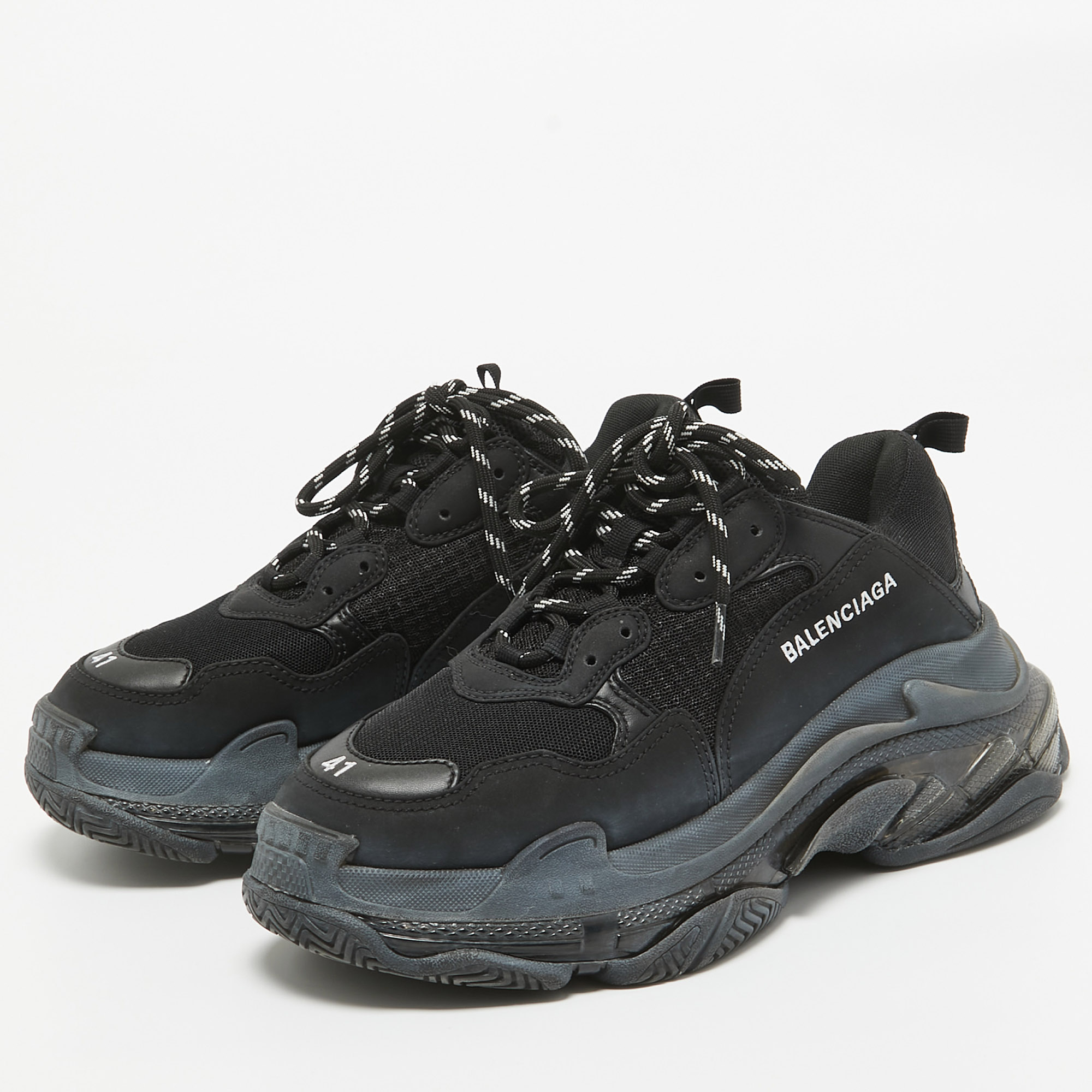 Balenciaga Black Faux Leather And Mesh Triple S Clear Sole Sneakers Size 41