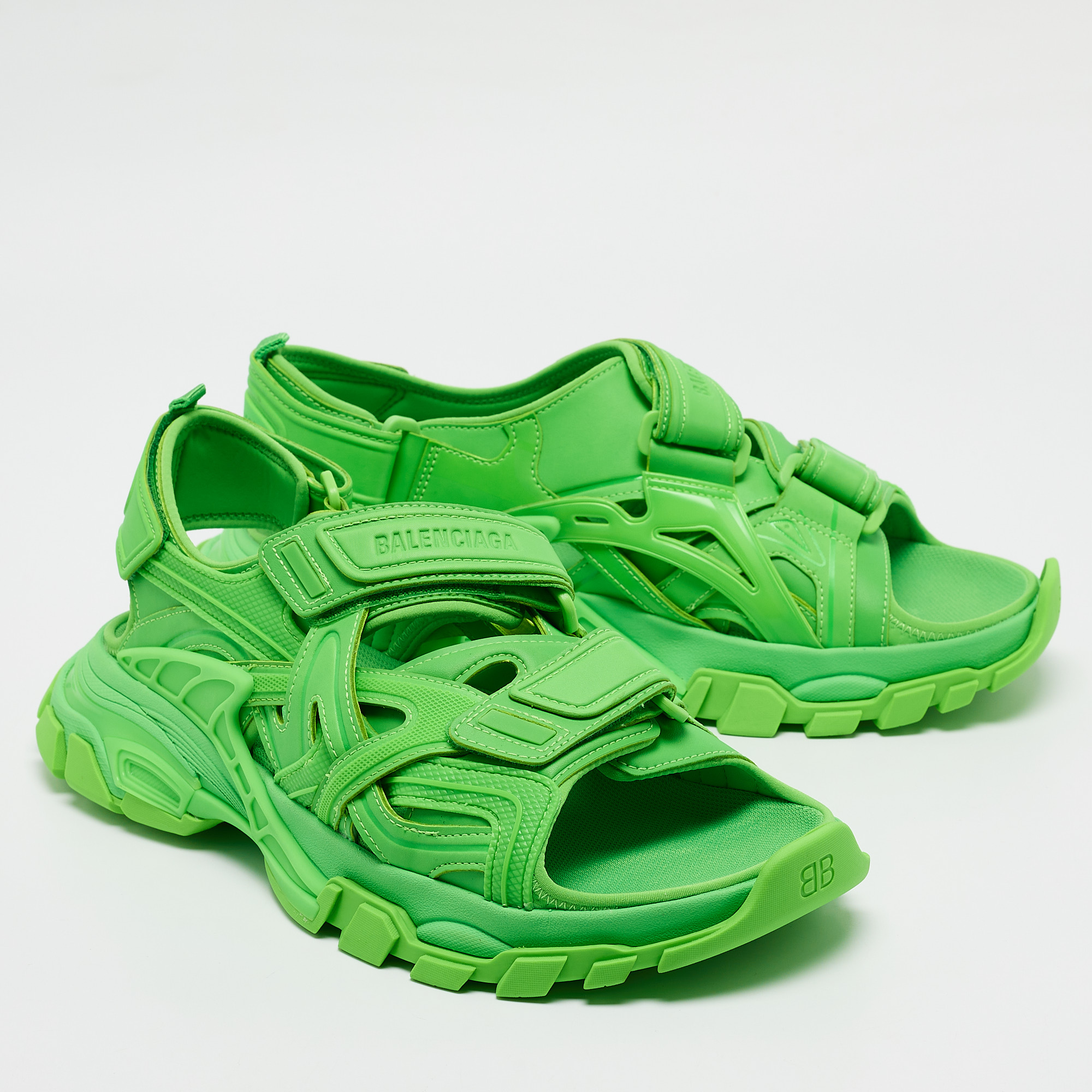 Balenciaga Neon Green Rubber And Faux Leather Track Sandals Size 44