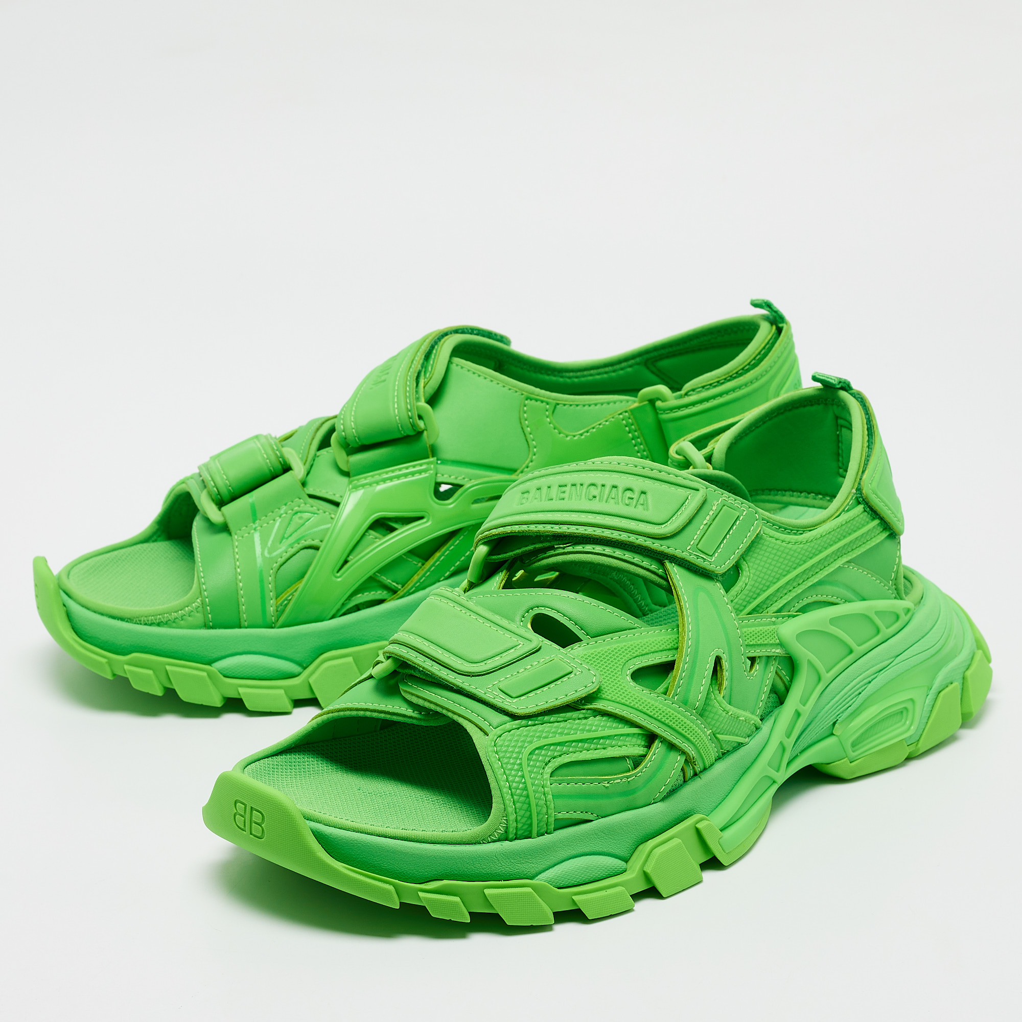 Balenciaga Neon Green Rubber And Faux Leather Track Sandals Size 44