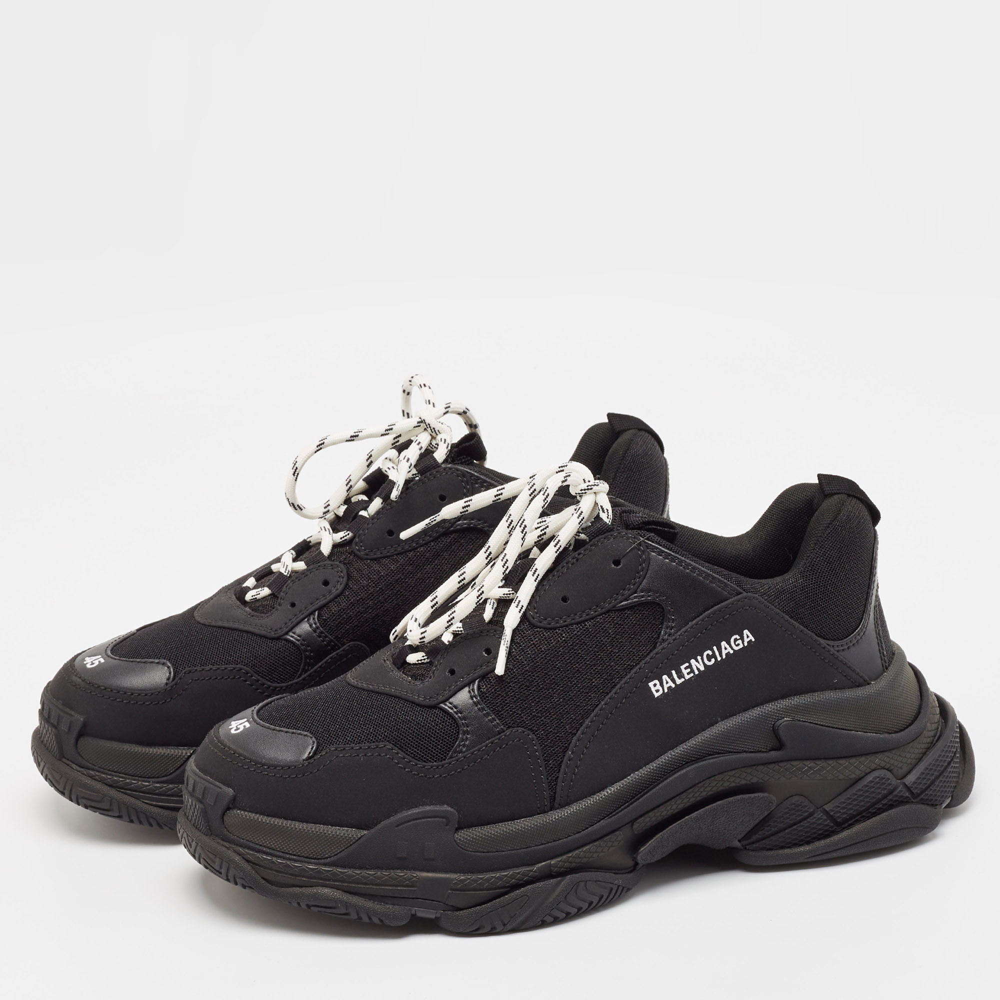 Balenciaga Black Faux Leather And Mesh Triple S Sneakers Size 45