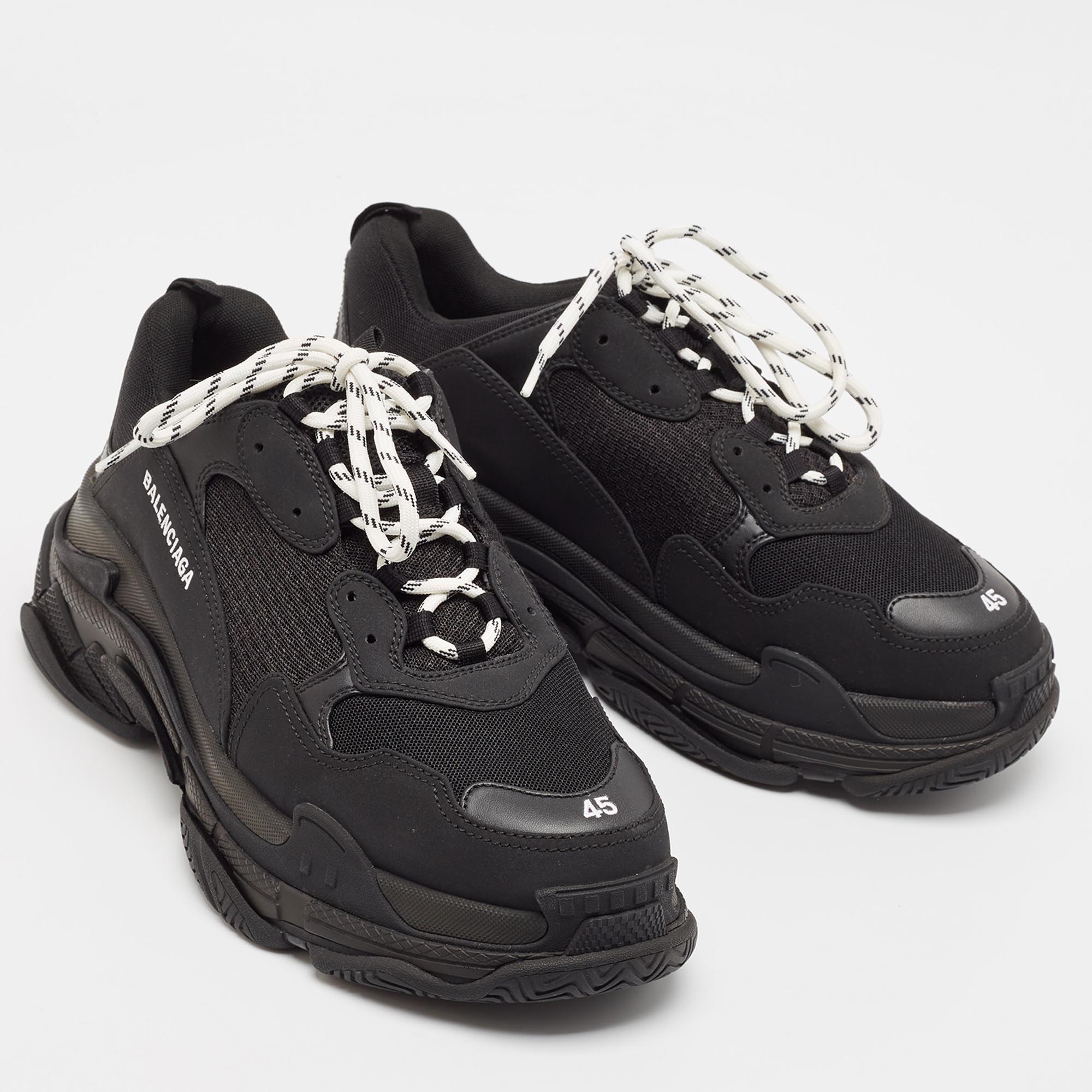 Balenciaga Black Faux Leather And Mesh Triple S Sneakers Size 45