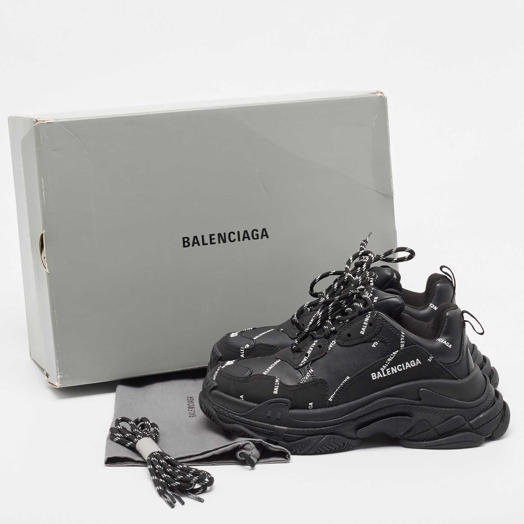 Balenciaga Black Leather And Nubuck Allover Logo Triple S Sneakers Size 40