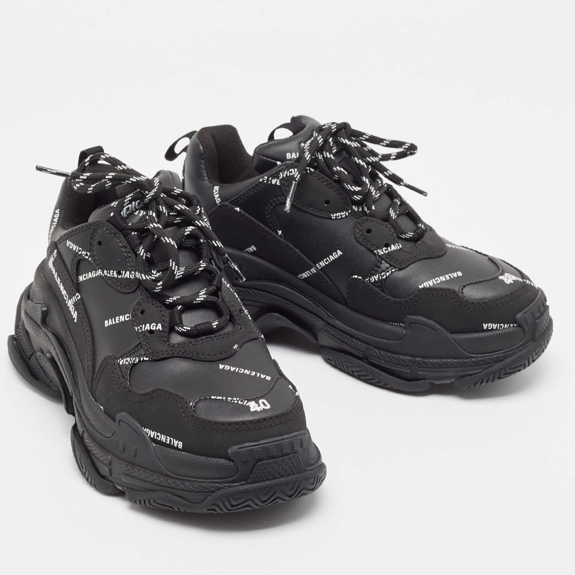 Balenciaga Black Leather And Nubuck Allover Logo Triple S Sneakers Size 40