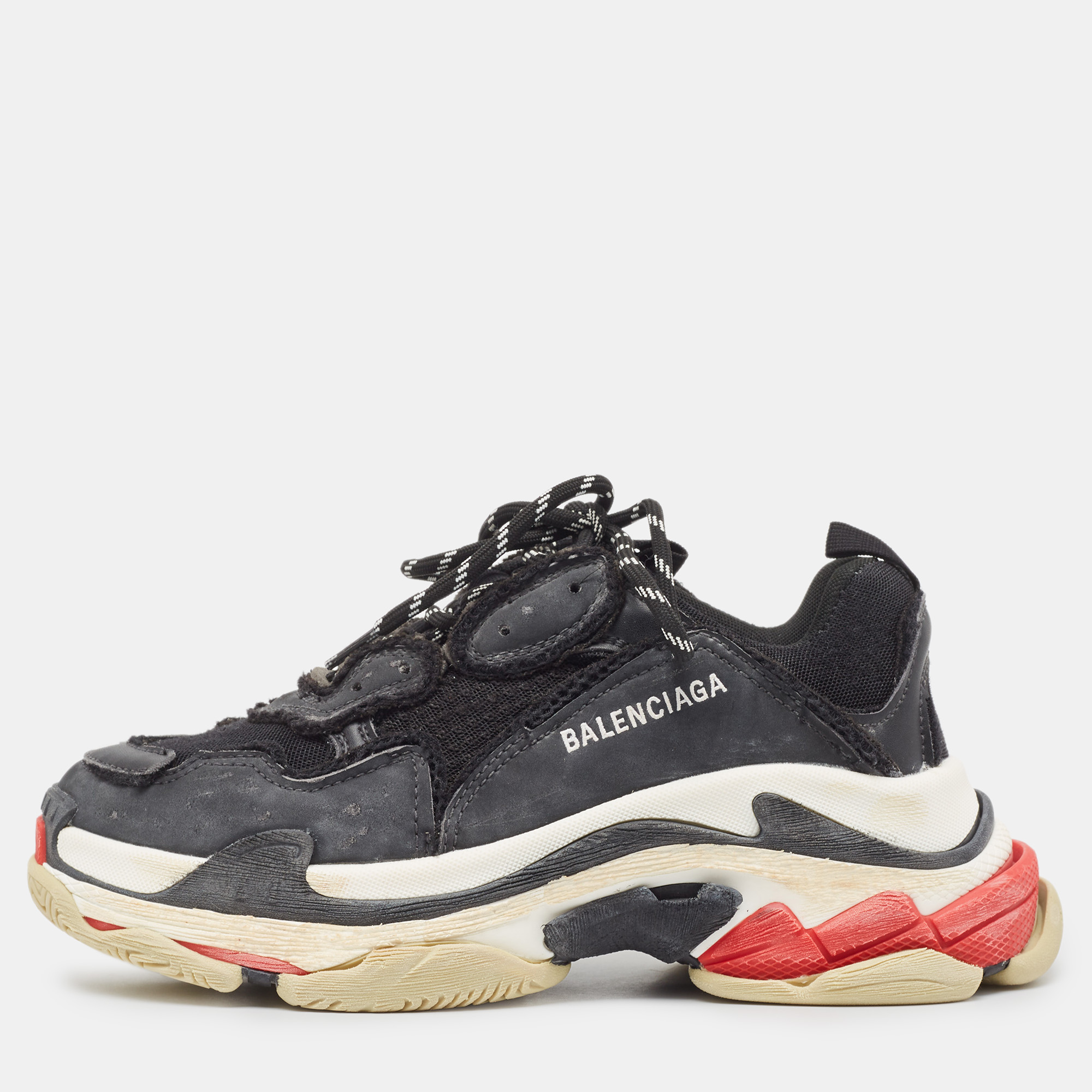 Balenciaga black faux leather and mesh distressed triple s sneakers size 40