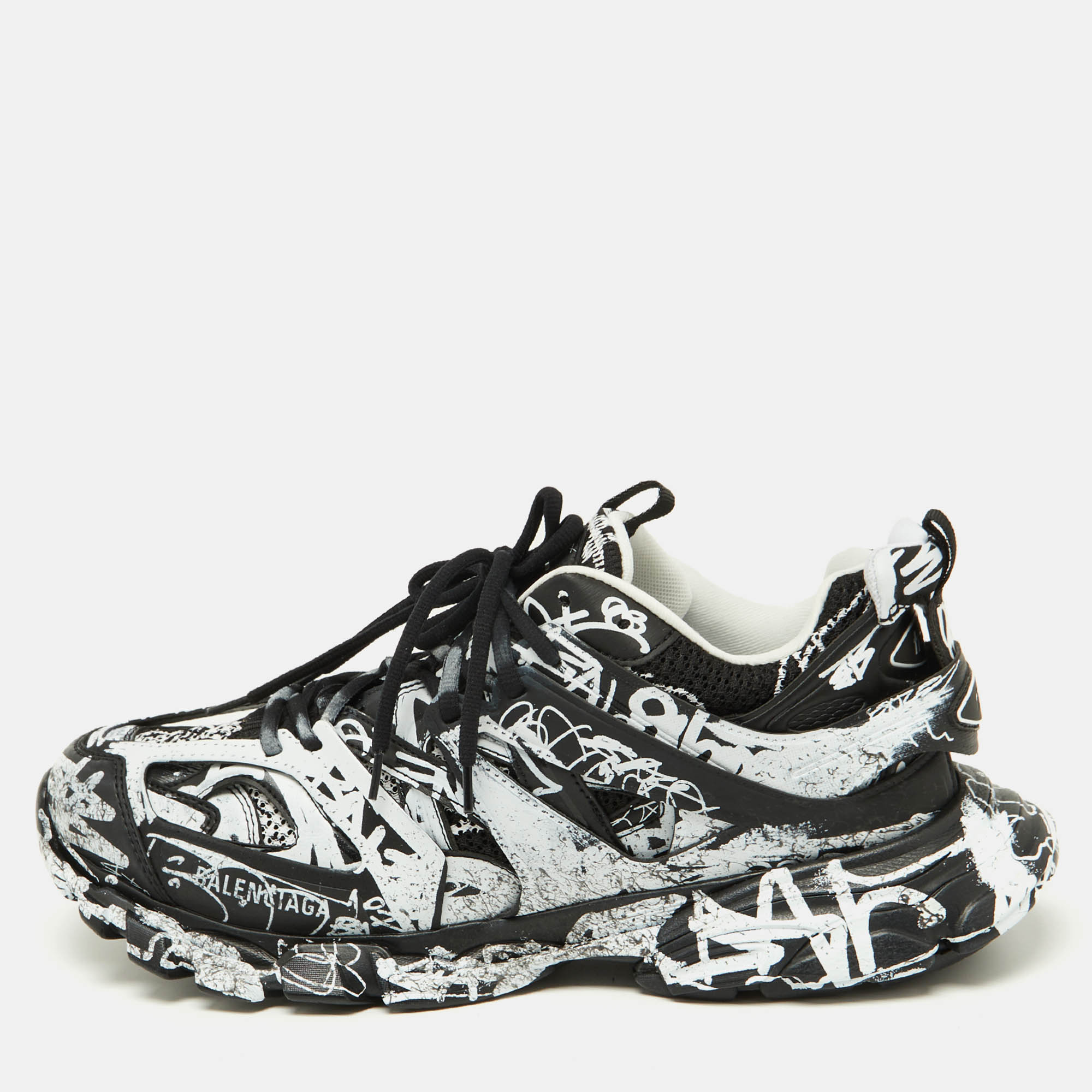 Balenciaga black graffiti mesh and faux leather track sneakers size 45
