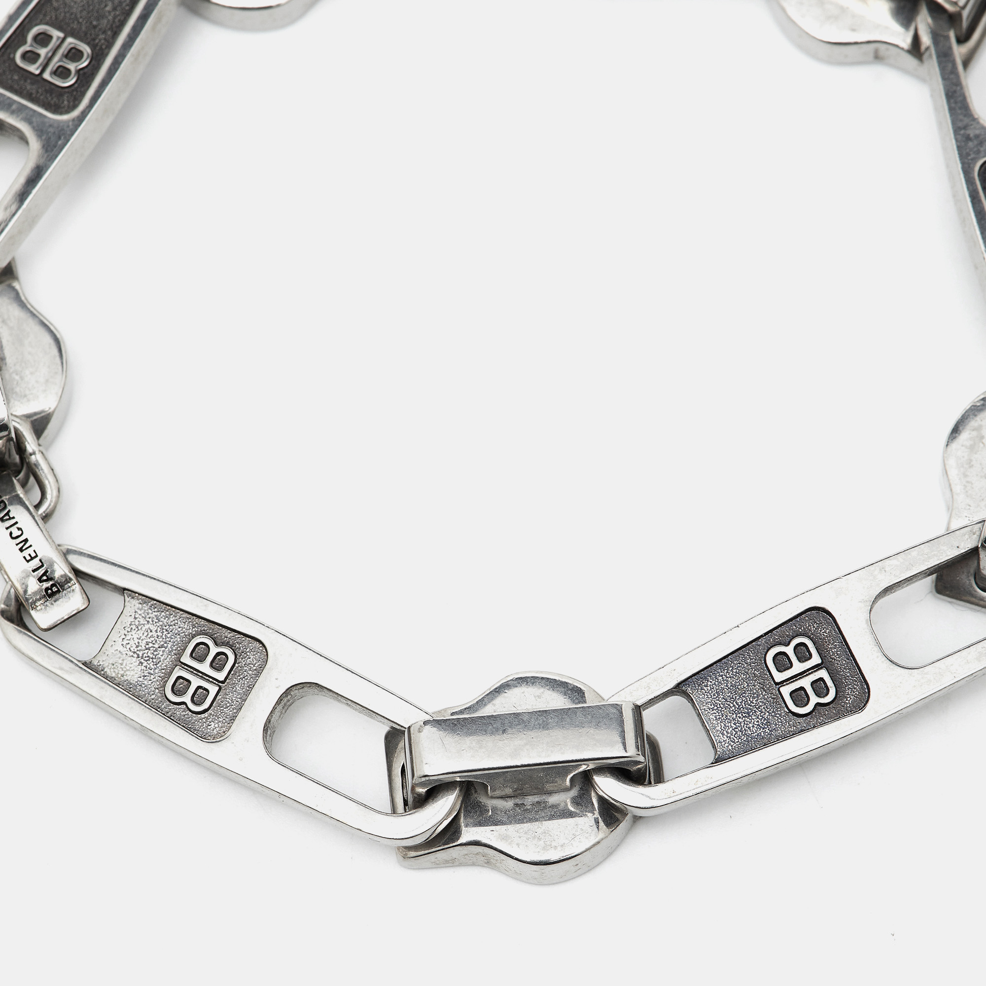 Balenciaga Silver Tone Zip Logo Motif Link Bracelet M