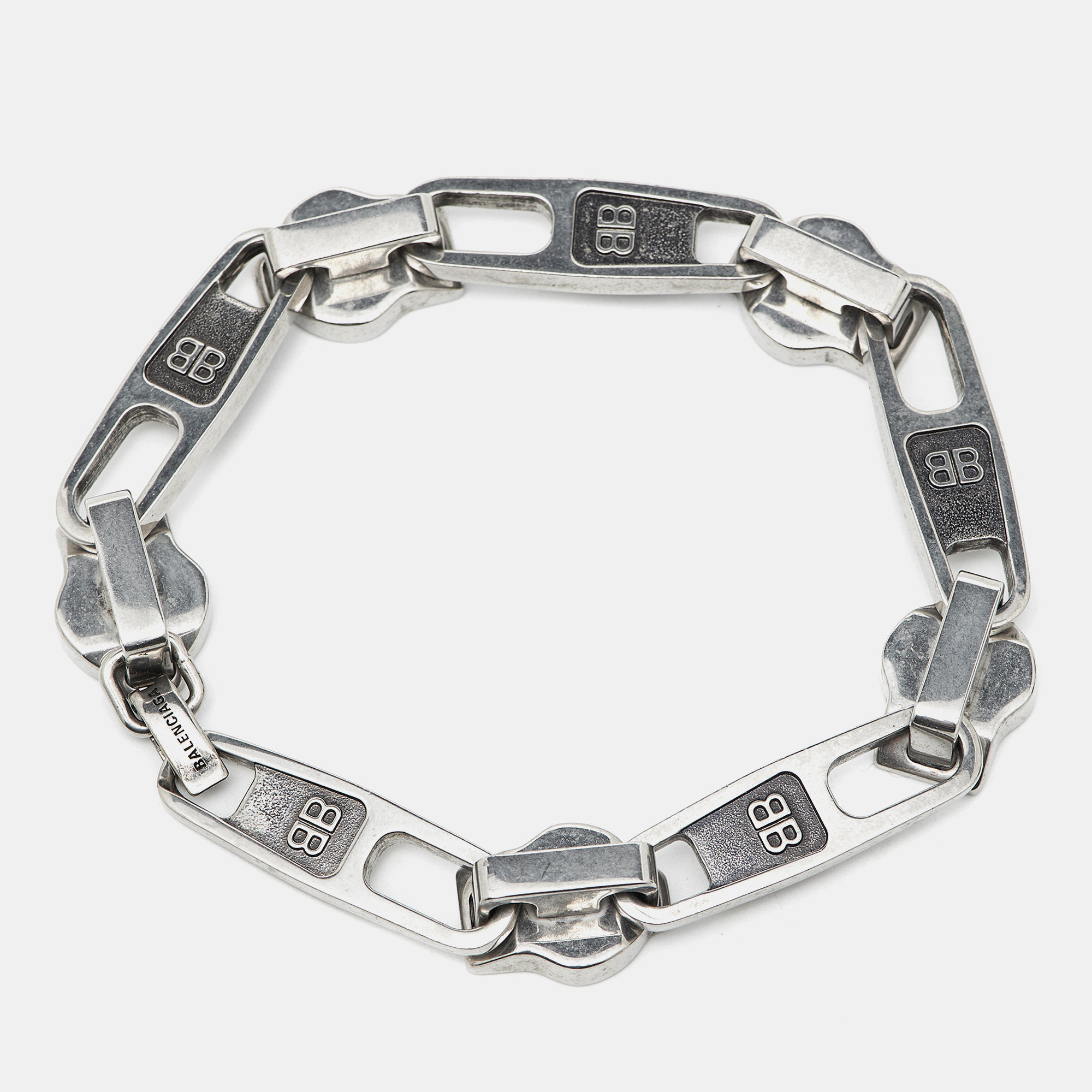 Balenciaga Silver Tone Zip Logo Motif Link Bracelet M